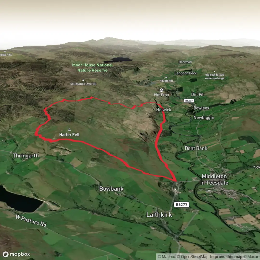 An image depicting the trail Rowton beck waterfall and its surrounding area.