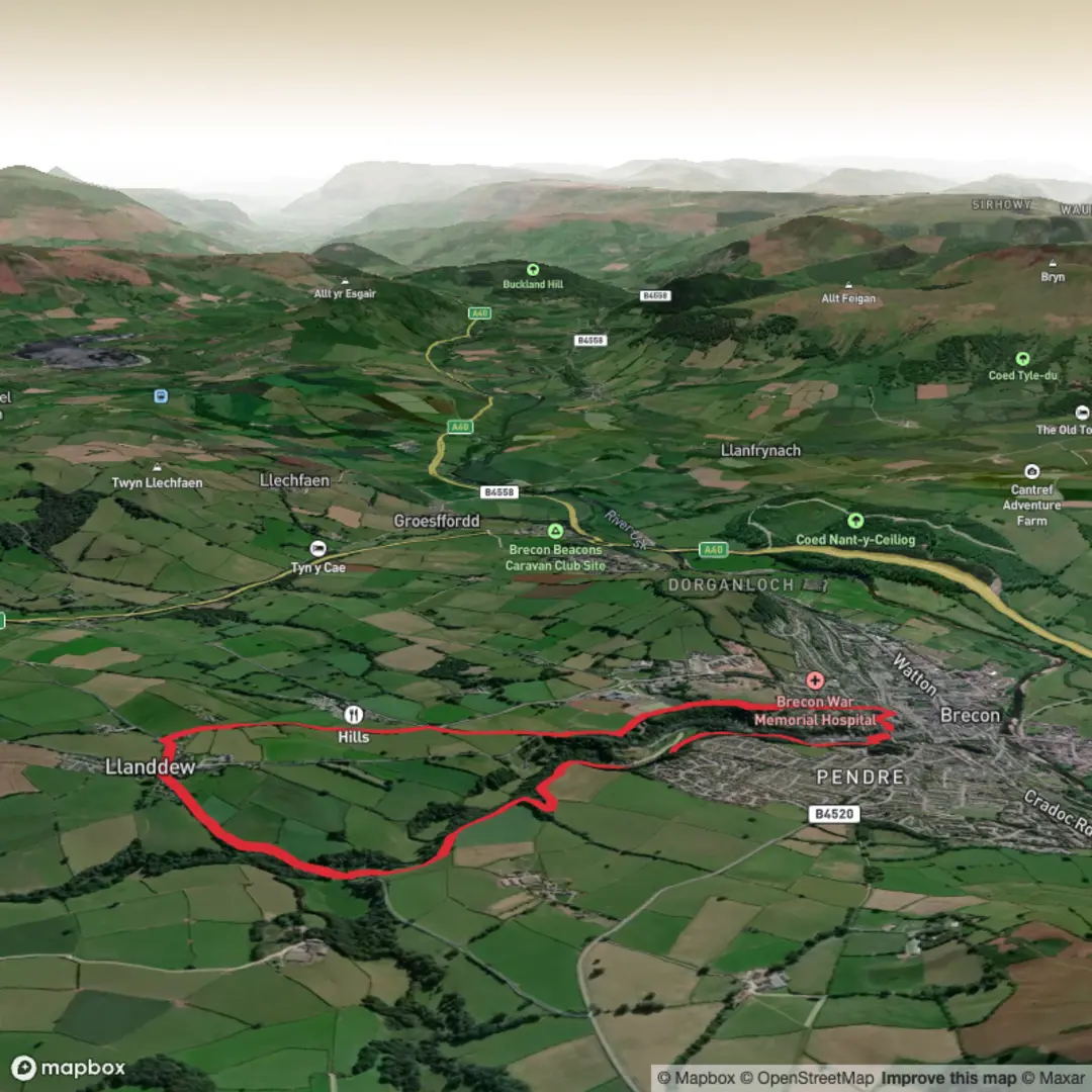 An image depicting the trail Brecon - River Honddu and Llanddew and its surrounding area.