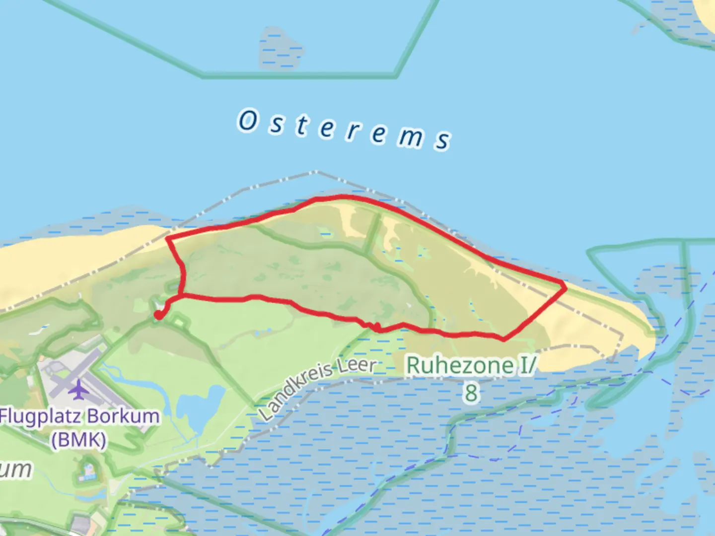 An image depicting the trail Duala Aussichtsduene via Grebhahn's Pad and Oldmann's Olde Düne and its surrounding area.