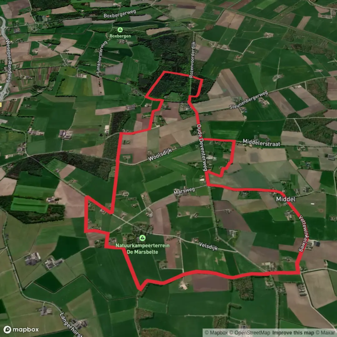 An image depicting the trail Schotens Weg and Rozenvoorderdijk Loop and its surrounding area.