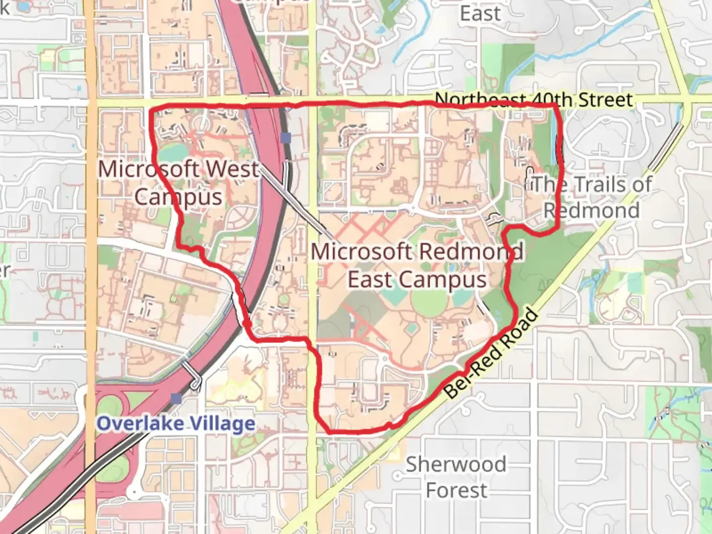 An image depicting the trail Microsoft Red and Orange Fitness Loop and its surrounding area.