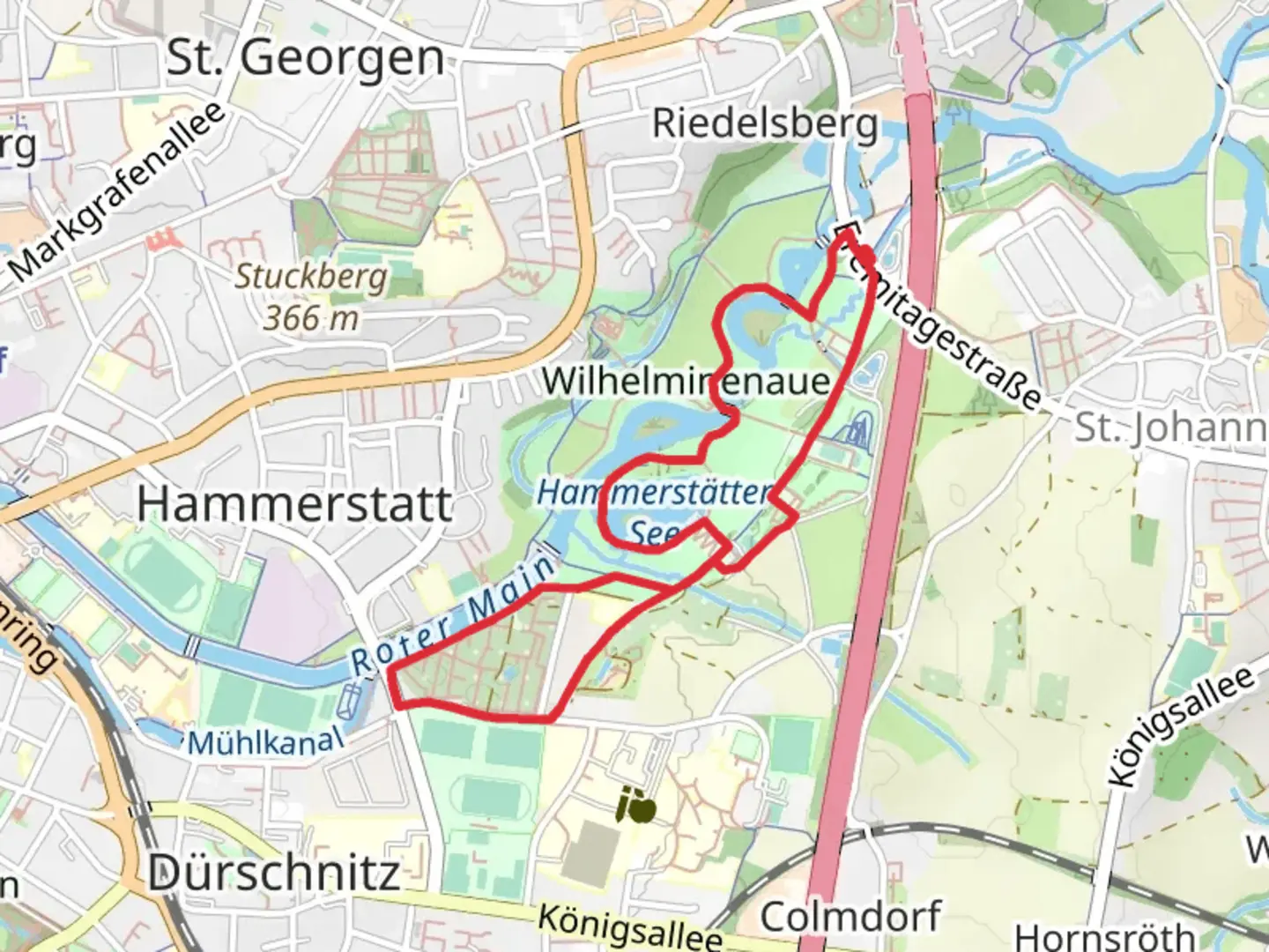 An image depicting the trail Wilhelminenaue, Hammerstatter See and Kleingartenanlage Am Flößanger Loop and its surrounding area.
