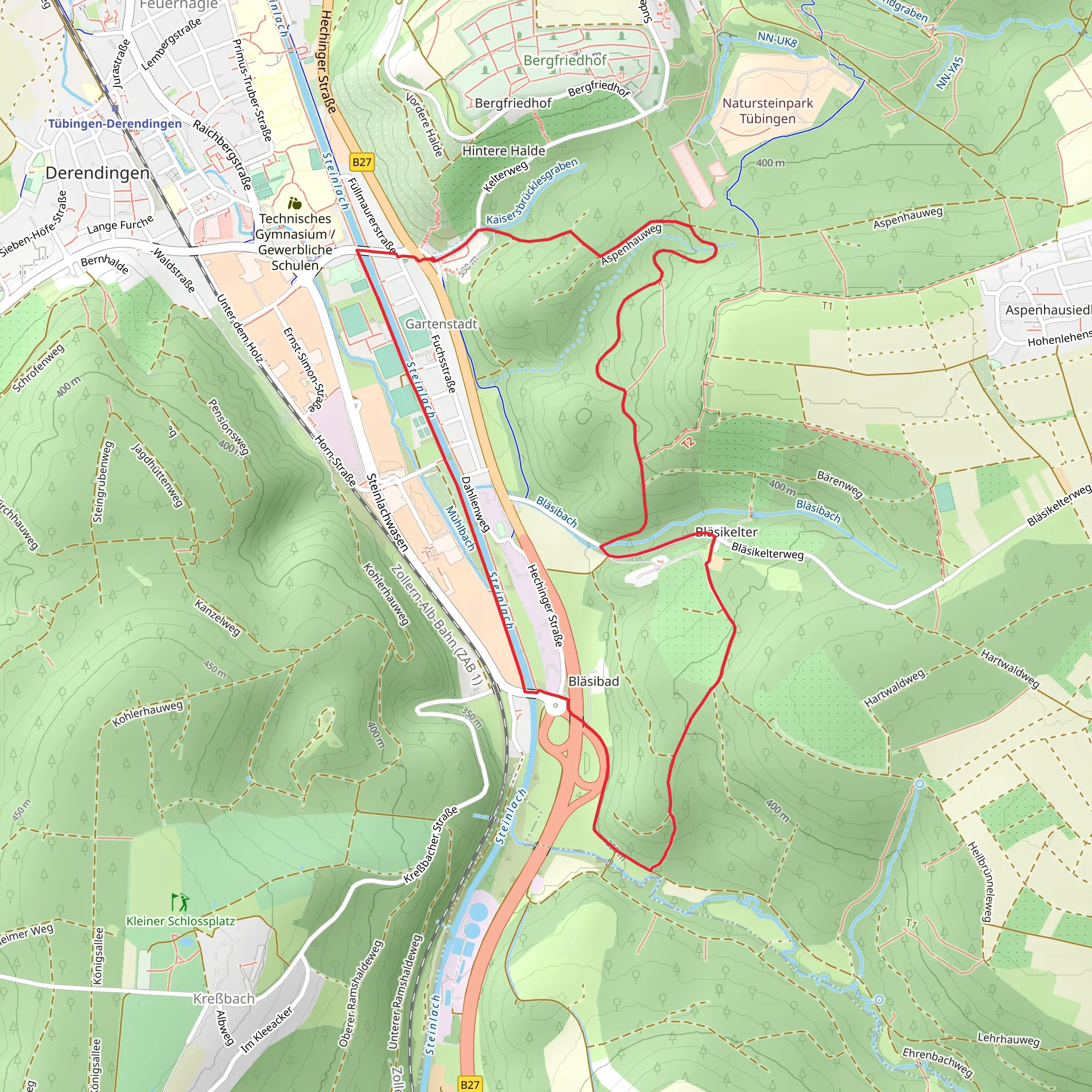 Gartenstadt and Bläsibad Loop via River Steinlach mobile static map