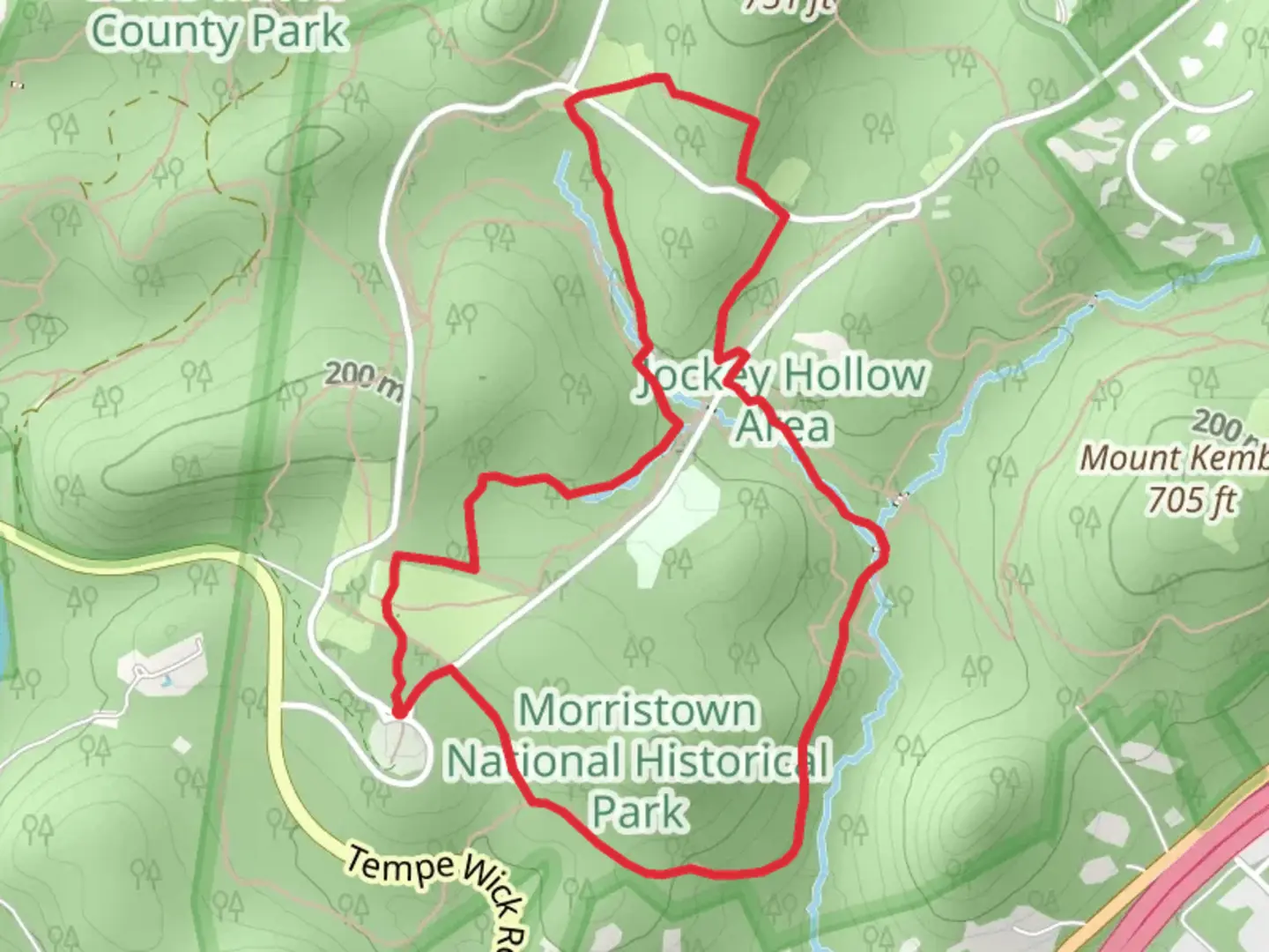 An image depicting the trail Mendham Road, Yellow and Orange Loop Trail and its surrounding area.