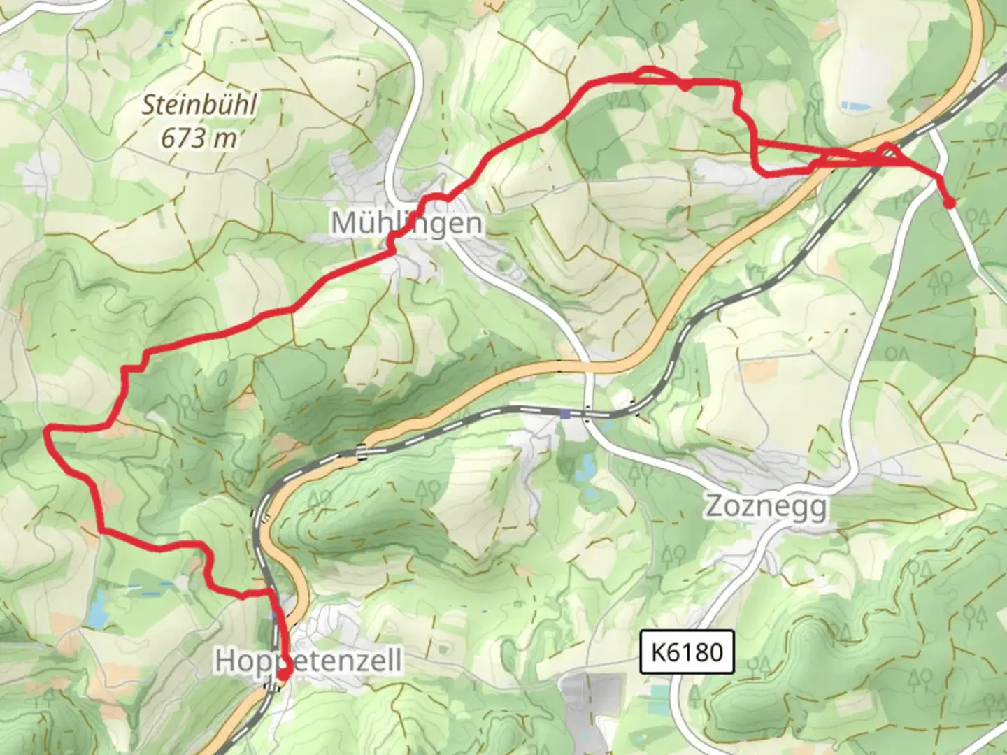 An image depicting the trail Muehle to Hoppetenzell via Gelbe Raute Muehlingen and its surrounding area.