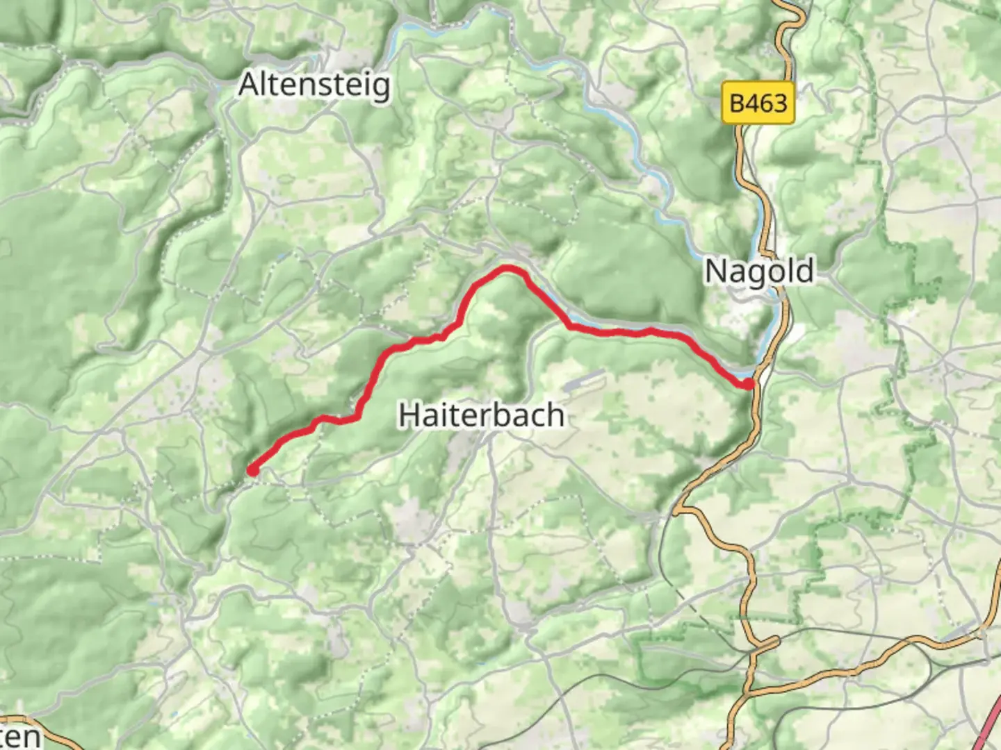 An image depicting the trail Hohe Fichten to Iselshausen via Doebele-Beihingen-Oberschwandorf and its surrounding area.