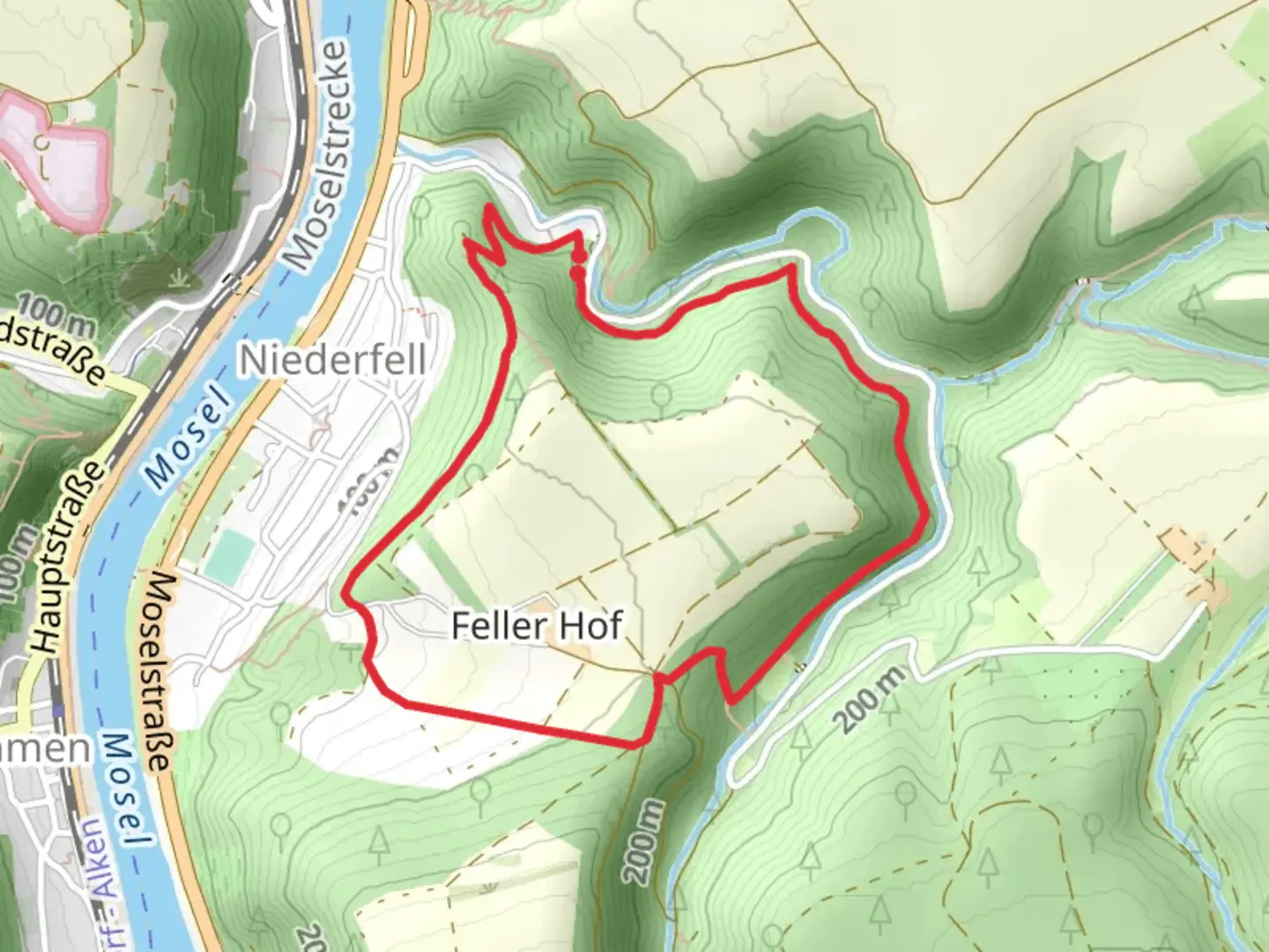 An image depicting the trail Schwalberstieg and Feller Hof Loop and its surrounding area.