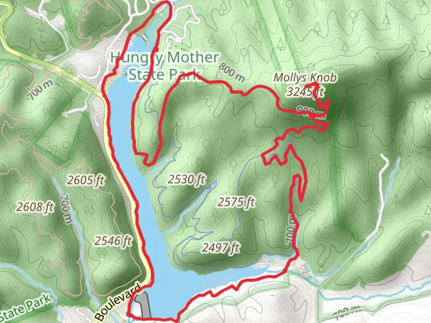 An image depicting the trail Hungry Mother Lake and Mollys Knob Loop Trail and its surrounding area.