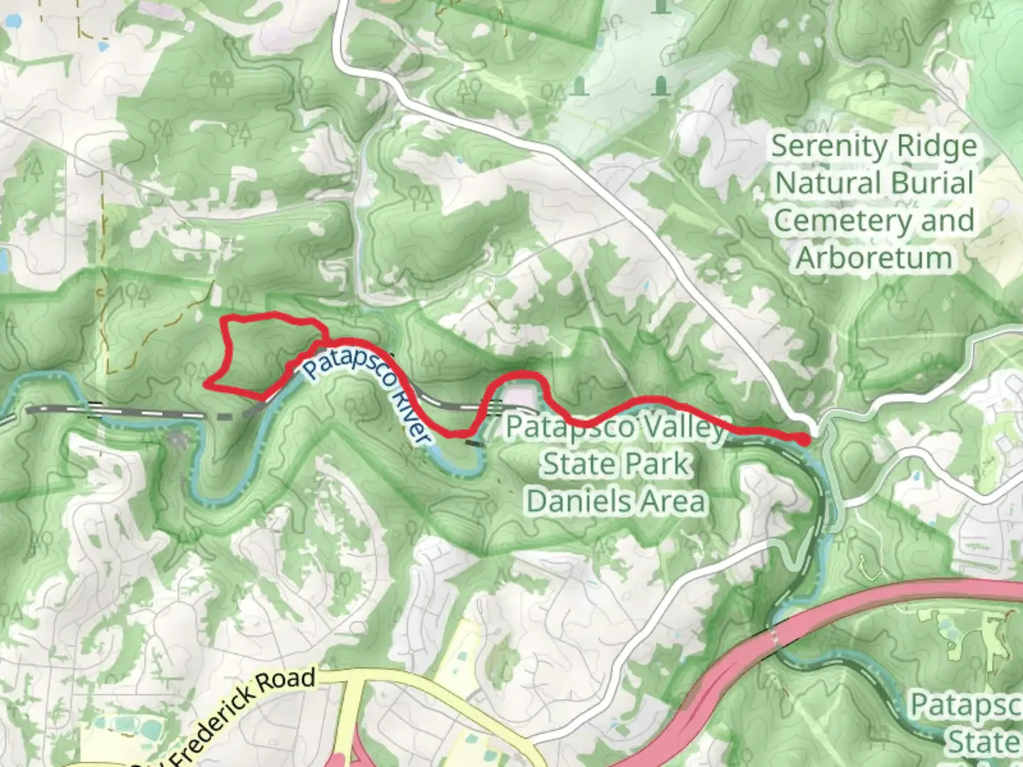An image depicting the trail Patapsco Traverse and Double Trouble Loop and its surrounding area.