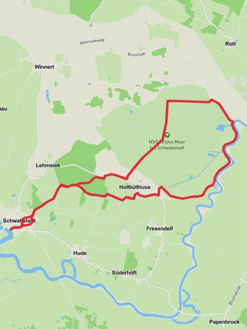 An image depicting the trail Schwabstedt and NSG Wildes Moor bei Schwabstedt Loop and its surrounding area.