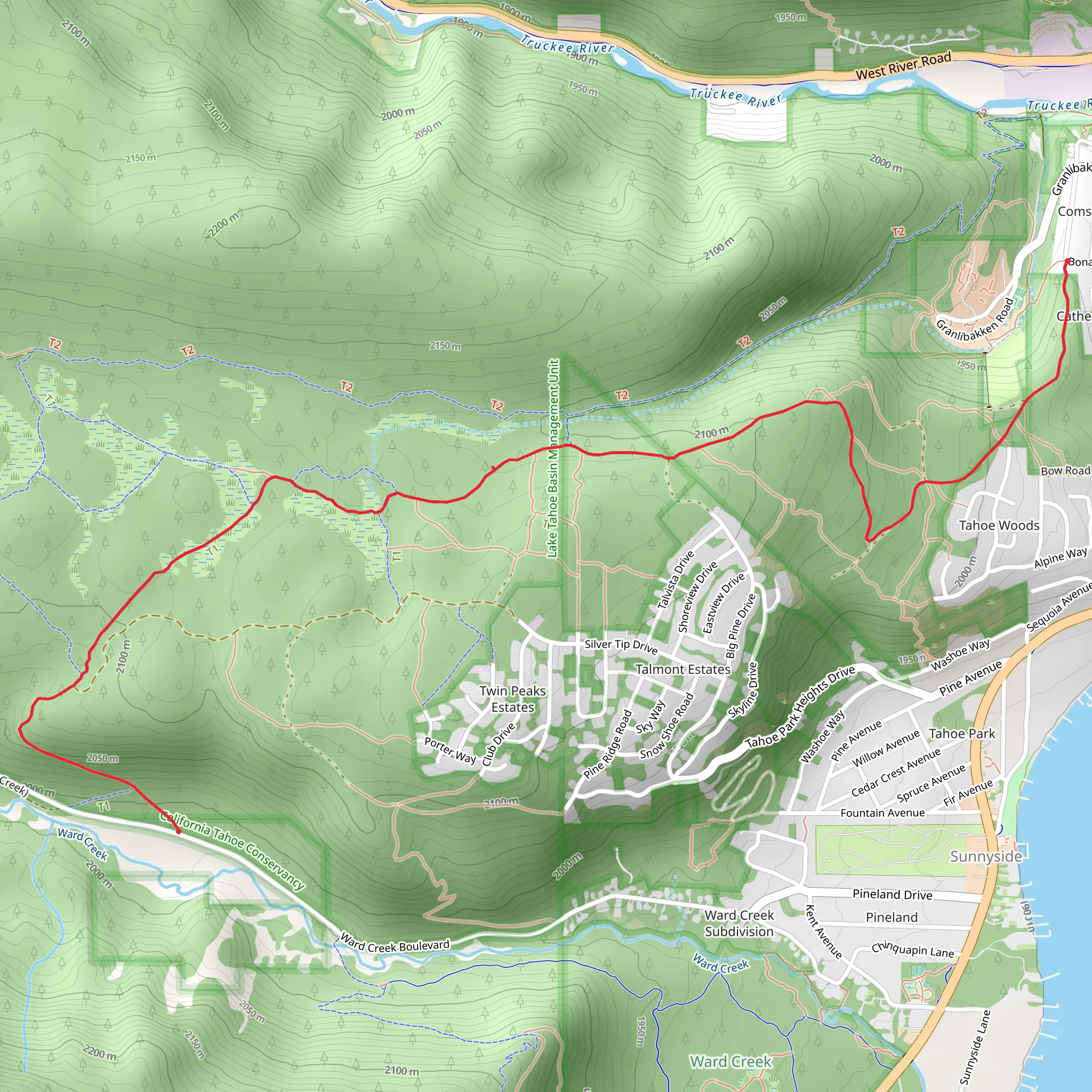 Bonanza Drive to Ward Creek Boulevard via Tahoe Rim Trail mobile static map