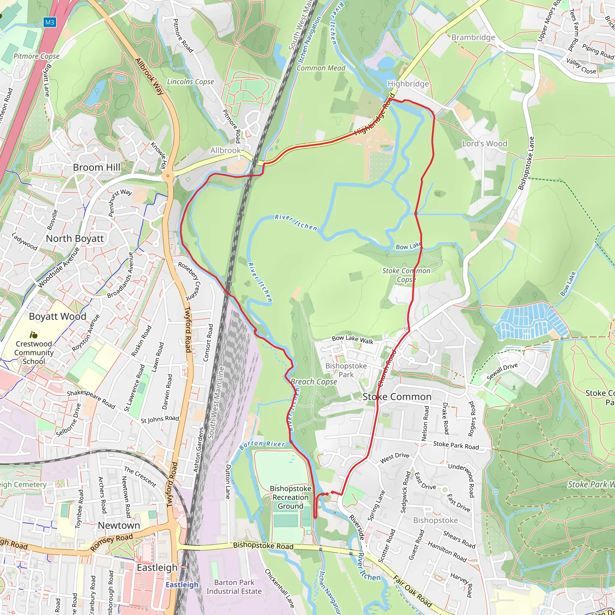 Allbrook to Bishopstoke Loop mobile static map