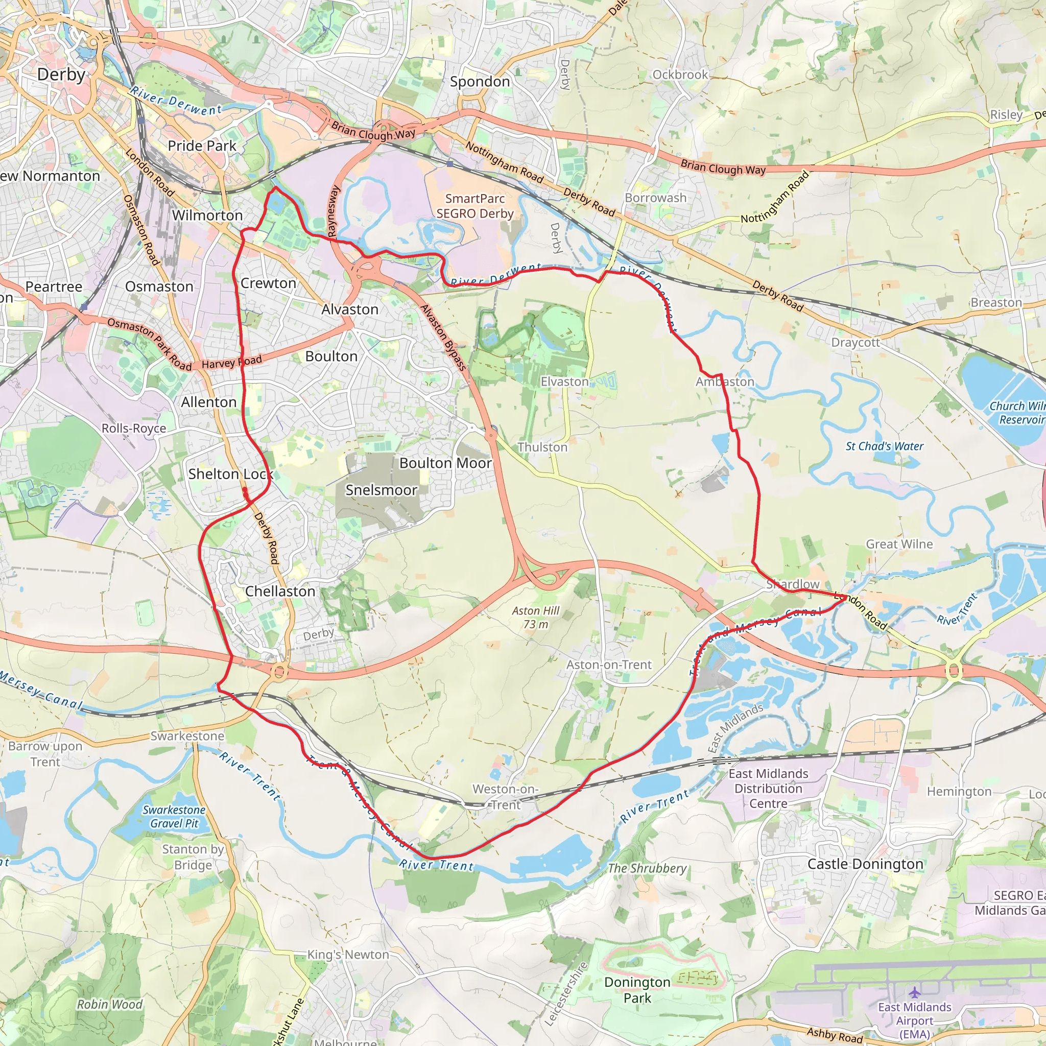 Chellaston, Ambaston and Aston on Trent Loop Walk via River Derwent mobile static map