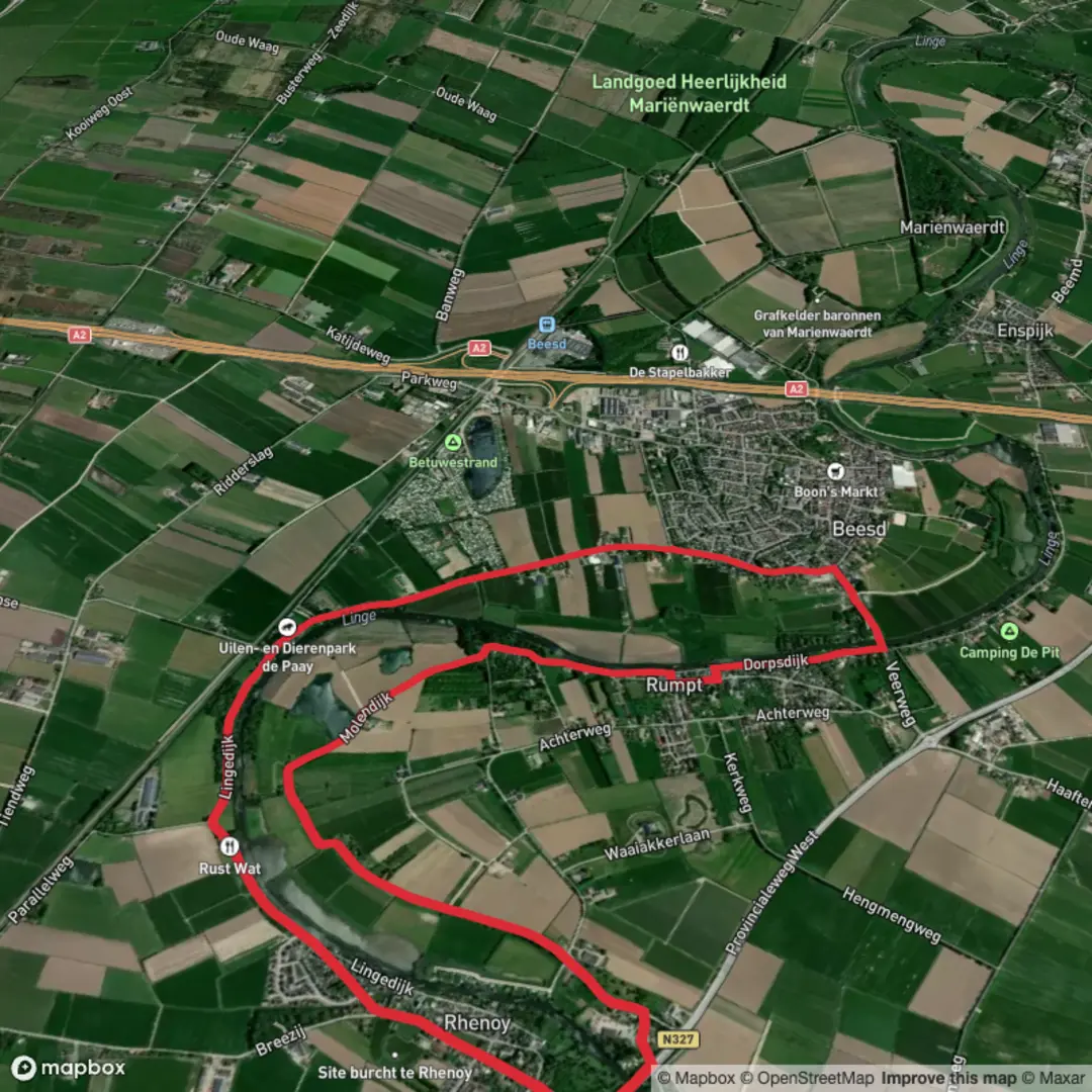 An image depicting the trail Linge and Groot Wiel via Grote Rivierenpad and its surrounding area.