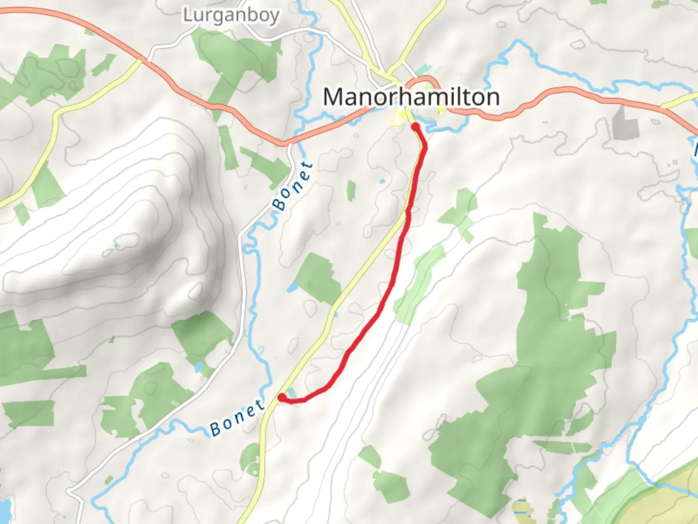 An image depicting the trail SLNCR – Manorhamilton to Boggaun and its surrounding area.