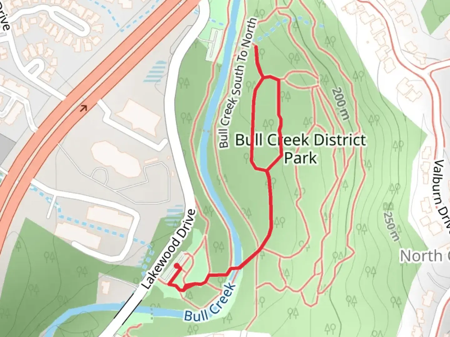 An image depicting the trail Bull Creek District Park Loop and its surrounding area.