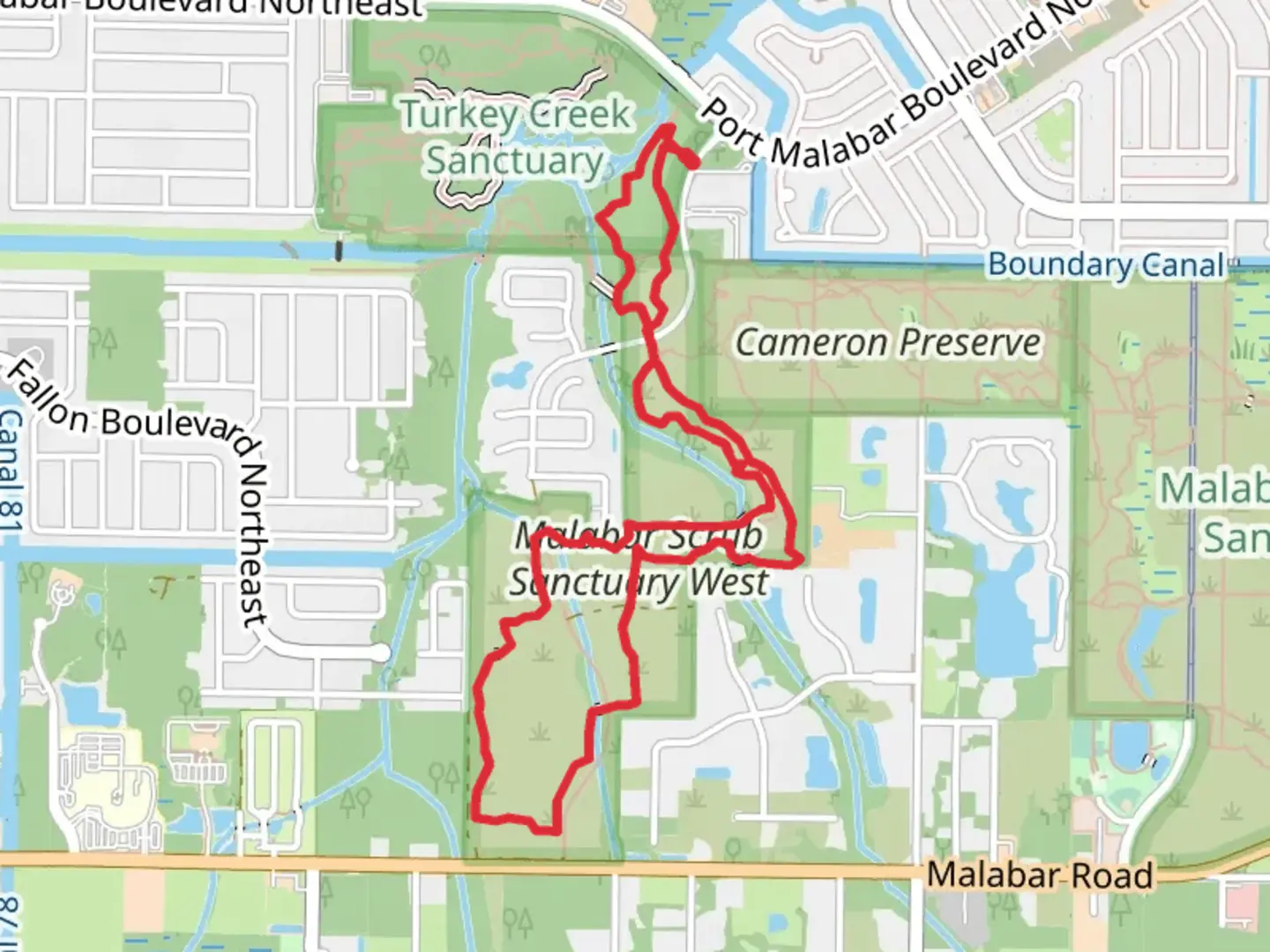 An image depicting the trail Red Trail and Blue Loop Trail - Malabar Scrub Sanctuary West and its surrounding area.