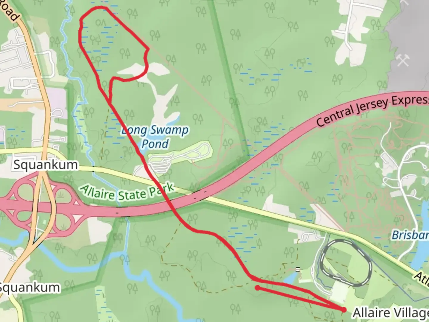 An image depicting the trail Long Swamp Pond via Allaire Road and its surrounding area.