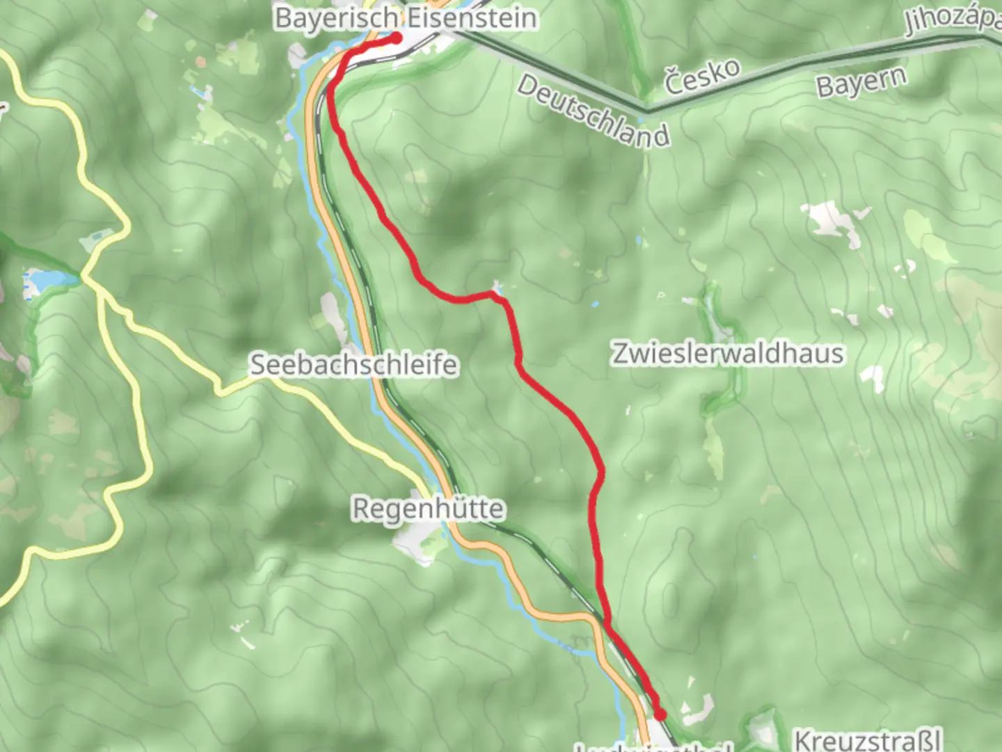 An image depicting the trail Bayerisch Eisenstein to Ludwigsthal Walk and its surrounding area.