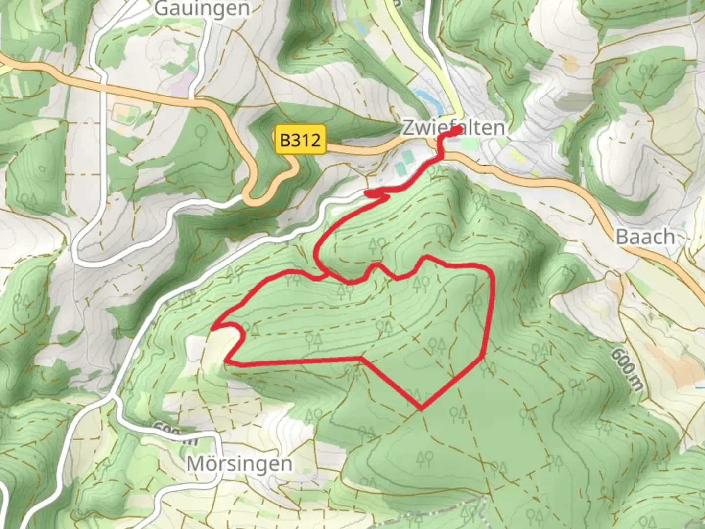 An image depicting the trail Zwiefalten Loop and its surrounding area.