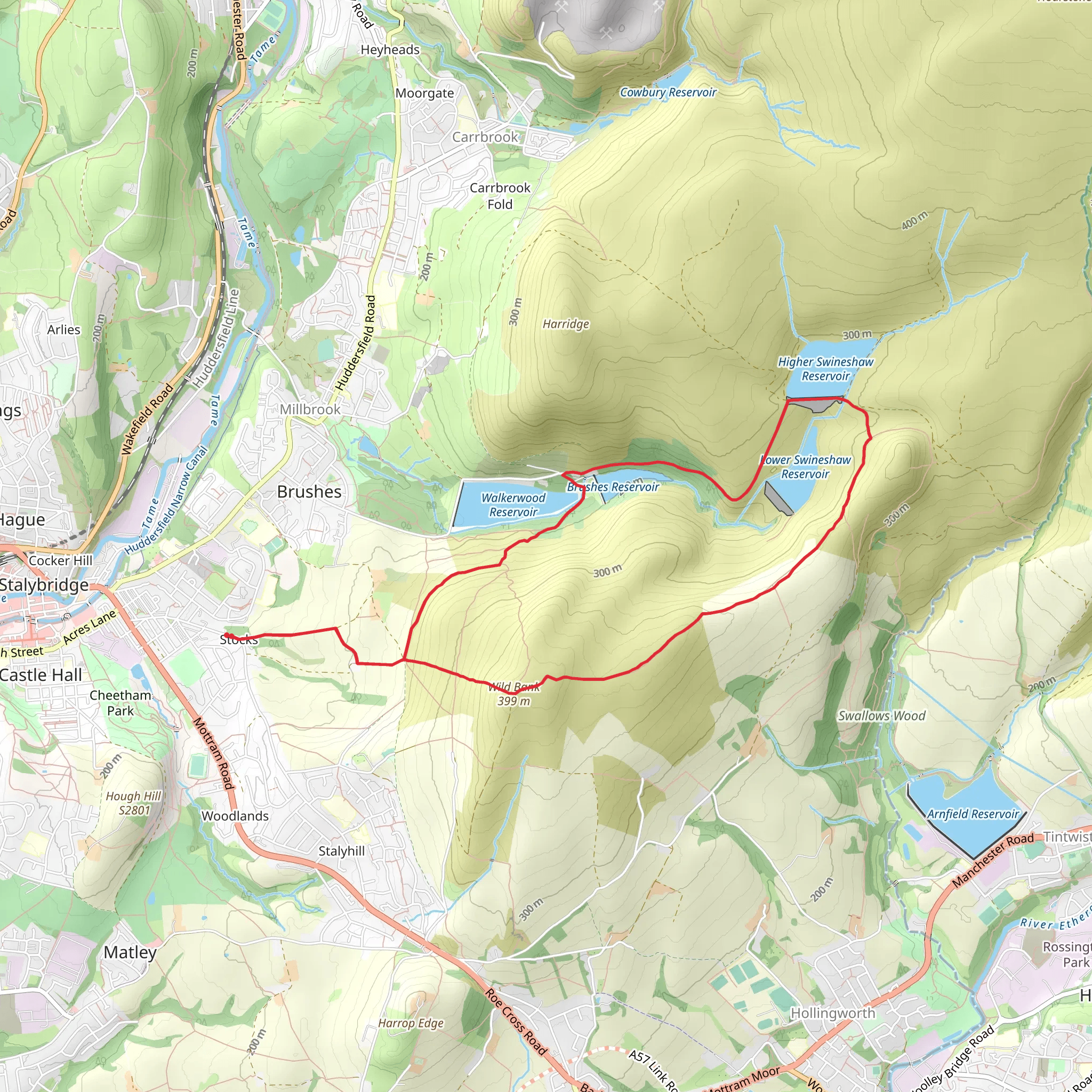 Brushes, Higher - Lower Swineshaw Reservoir and Wild Bank Loop mobile static map