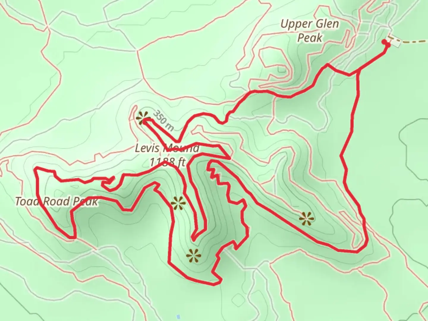 An image depicting the trail Levis Mound and Toad Road Peak LoopLoop and its surrounding area.
