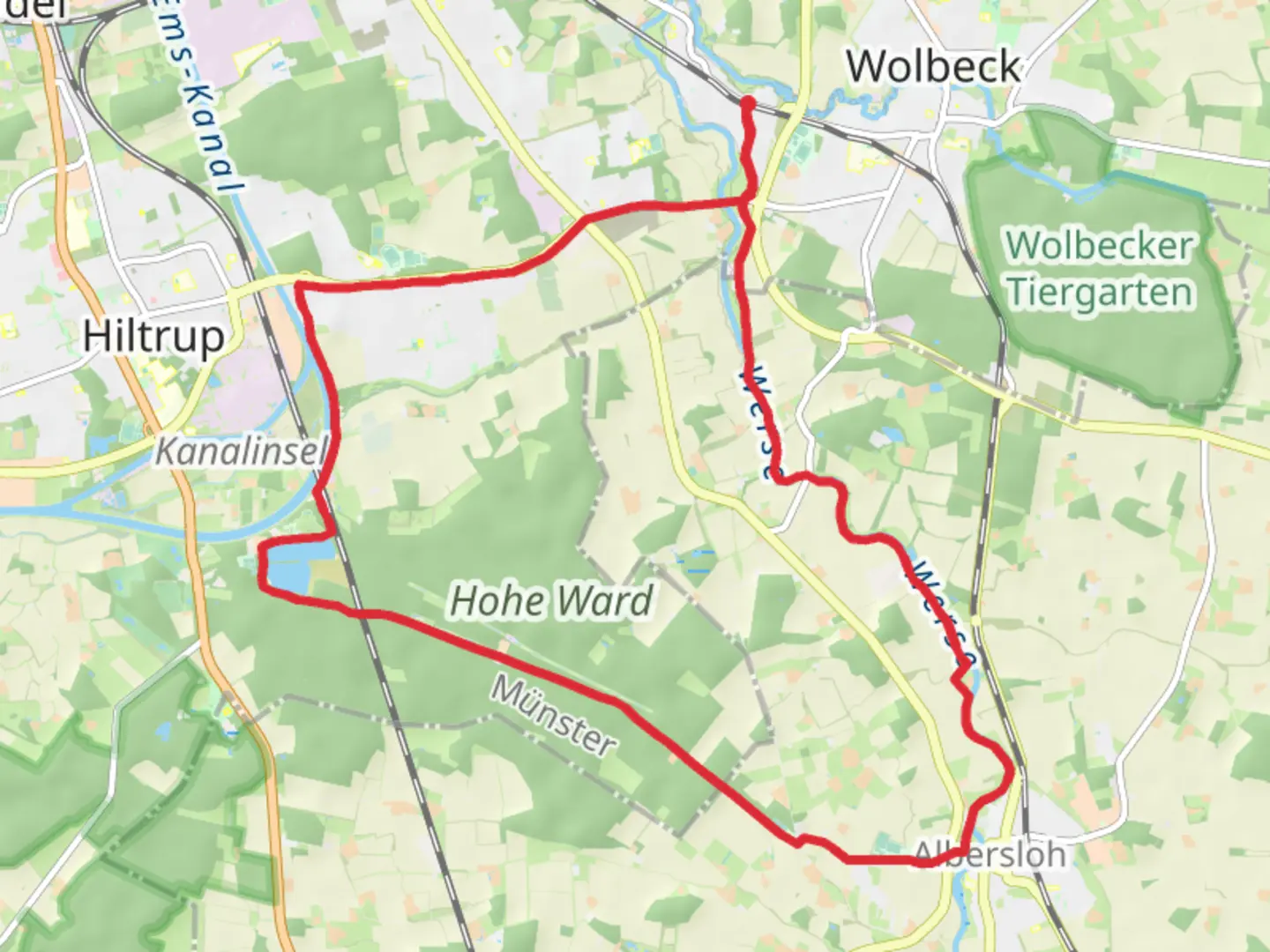 An image depicting the trail Angelmode and Albersloh Loop via Werse and its surrounding area.