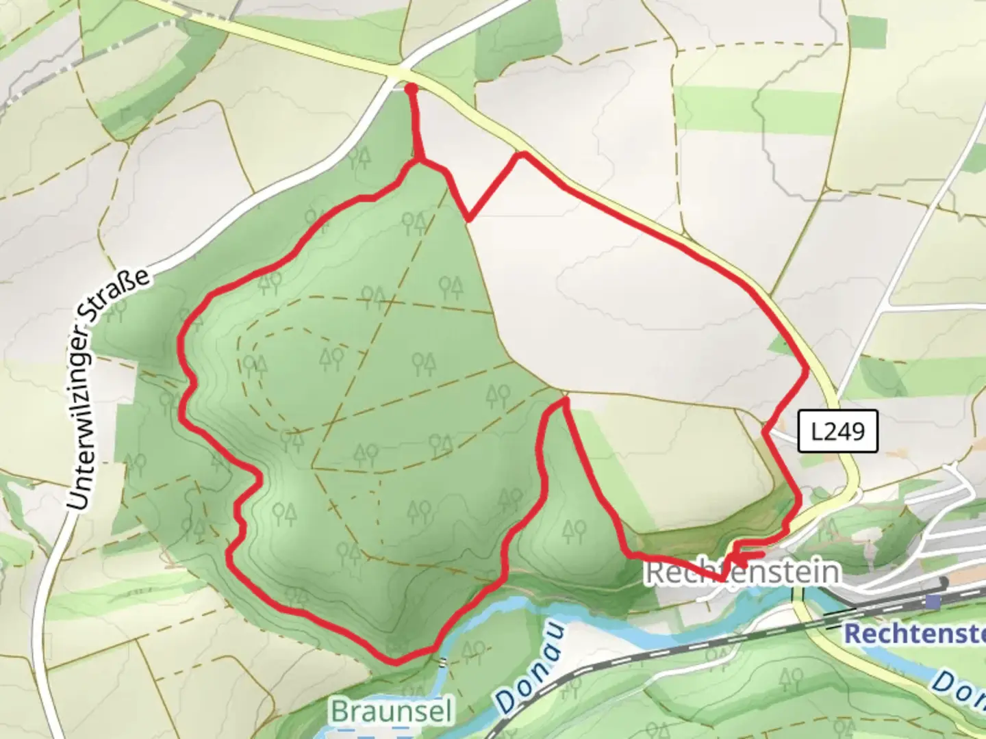 An image depicting the trail Blaue Raute Unterwilzingen Rechtenstein and its surrounding area.