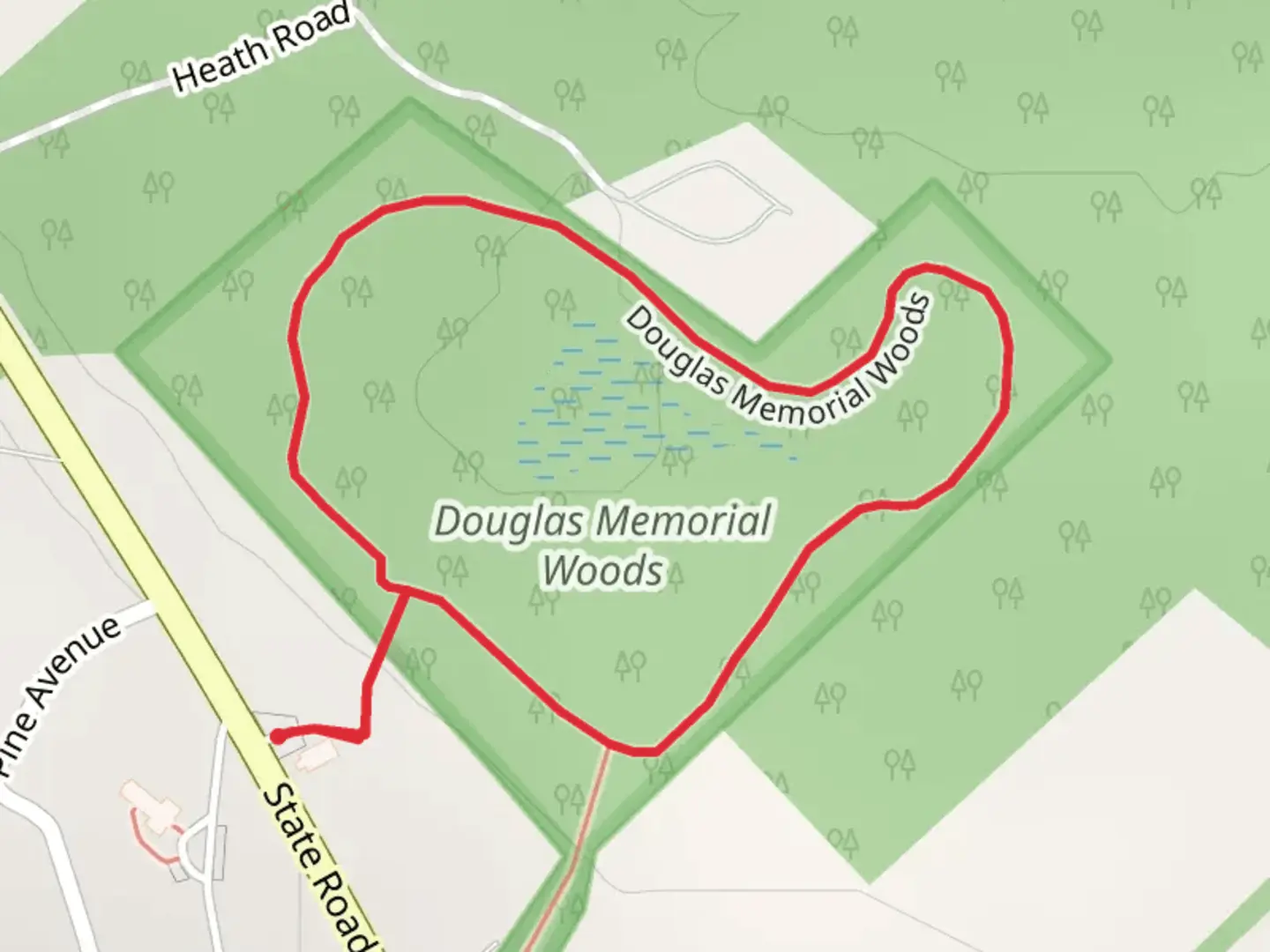 An image depicting the trail Douglas Memorial Woods Loop and its surrounding area.