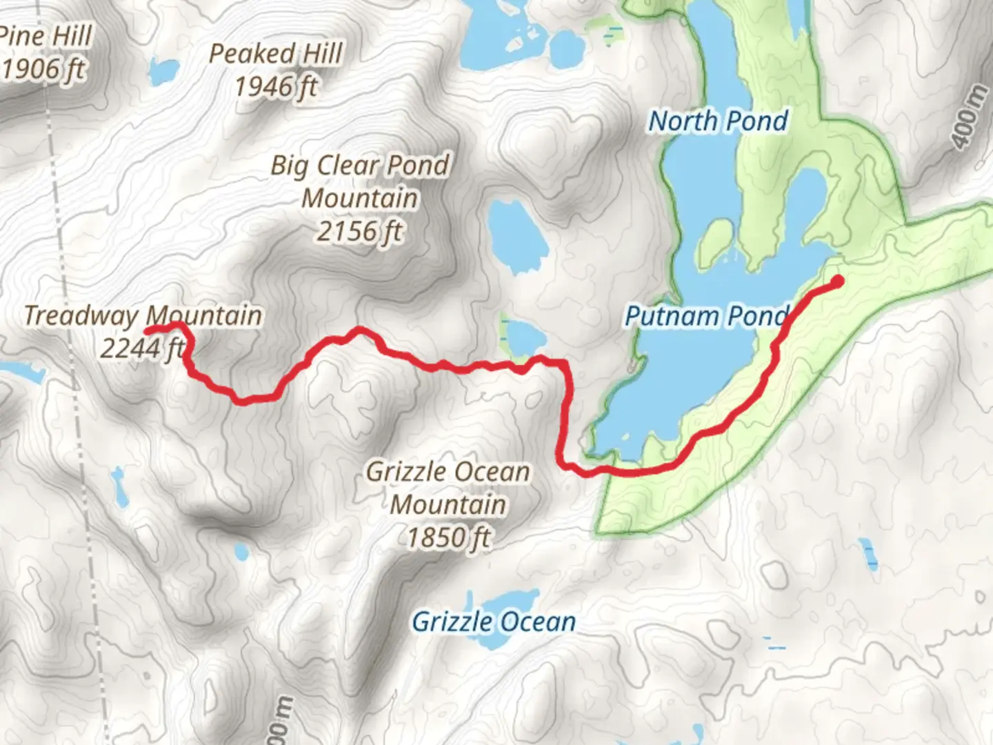 An image depicting the trail Treadway Mountain from Putts Pond Road and its surrounding area.