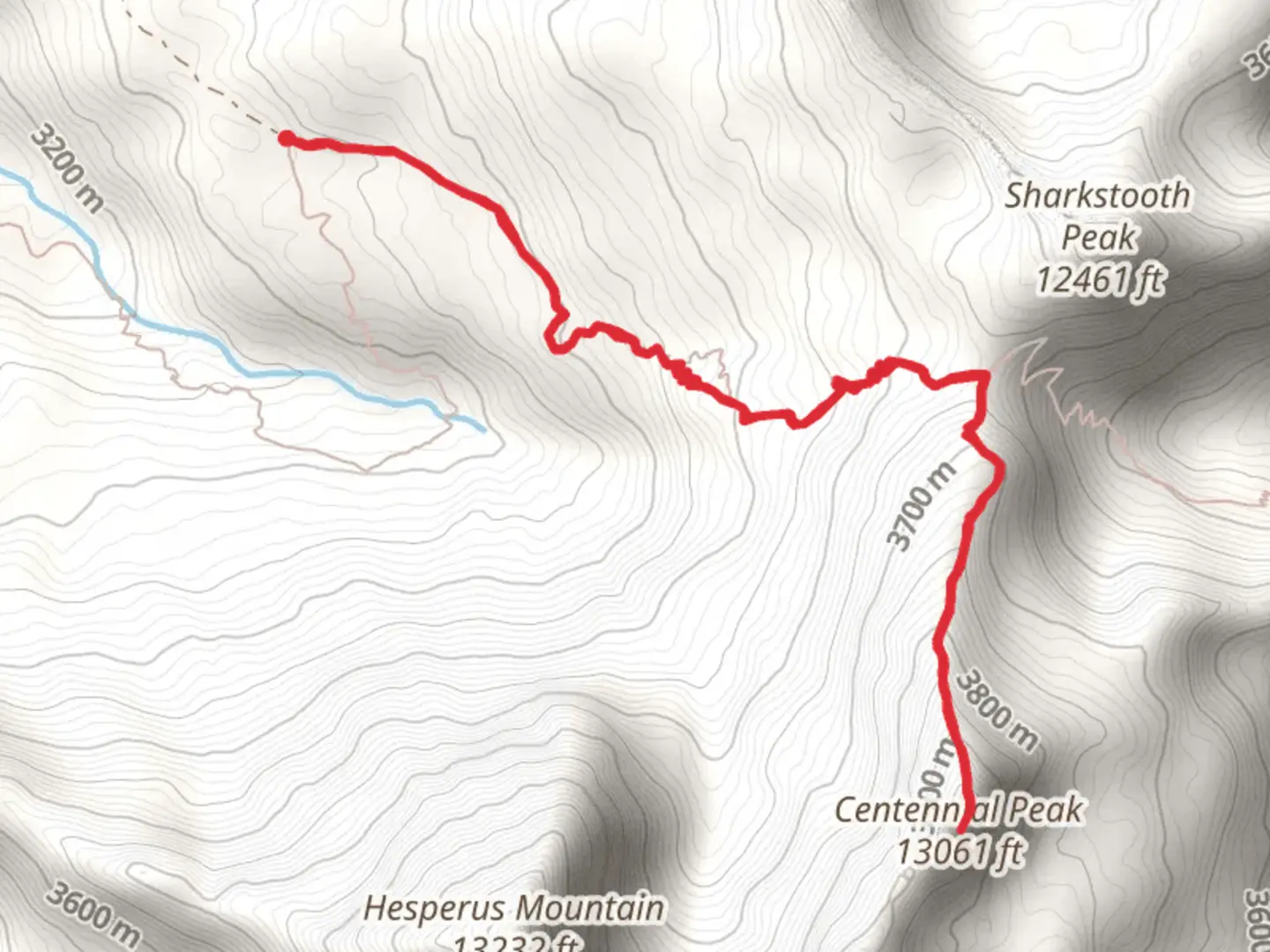 An image depicting the trail Centennial Peak via Sharkstooth Trail and its surrounding area.
