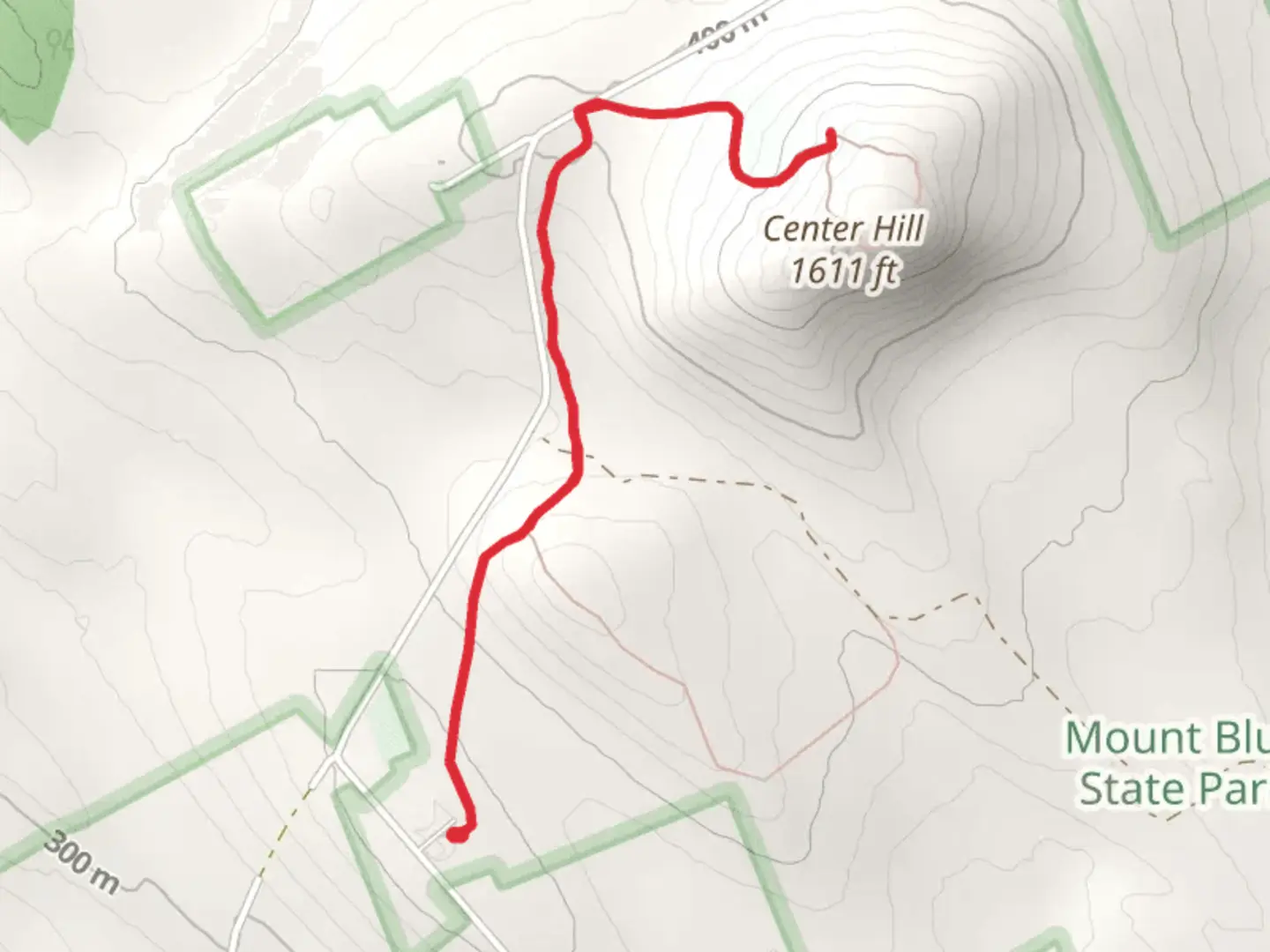An image depicting the trail Center Hill from Center Hill Road and its surrounding area.