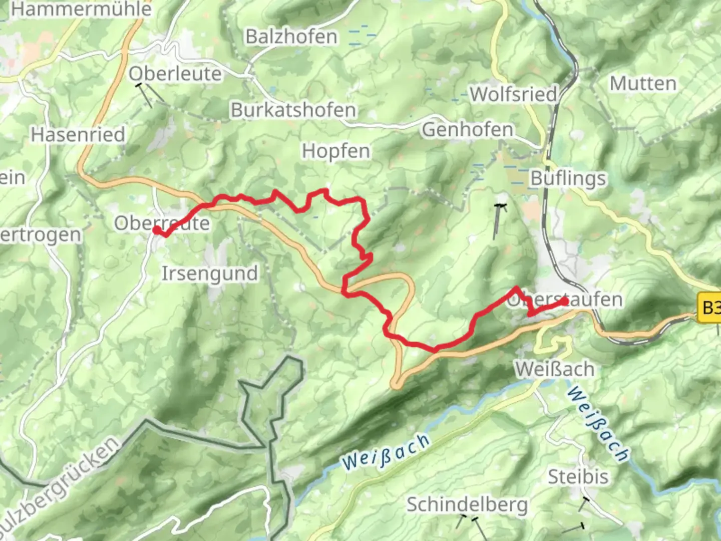 An image depicting the trail Oberstaufen to Oberreute and its surrounding area.