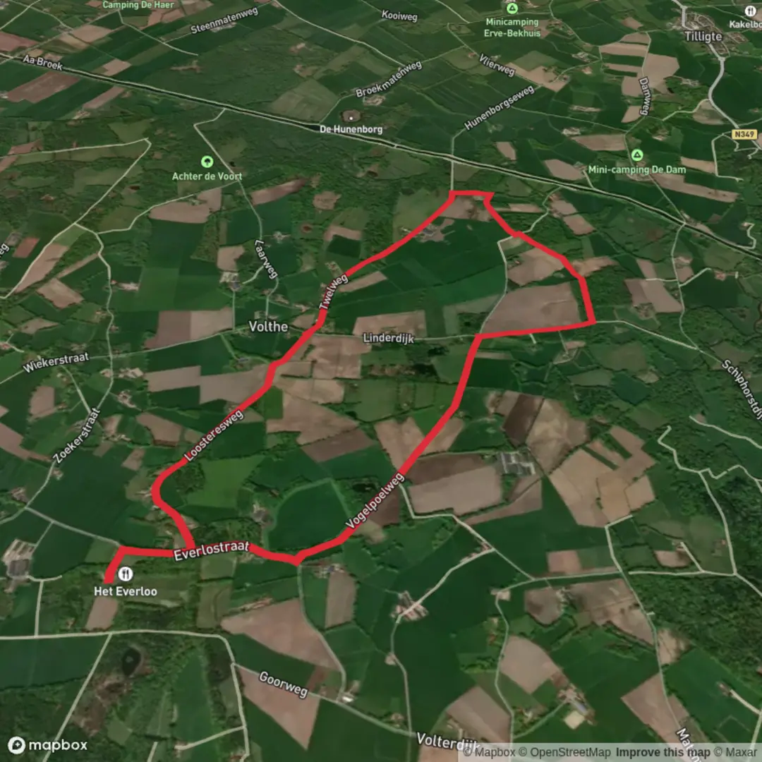An image depicting the trail Vogelpoel Weg and Twel Weg and its surrounding area.