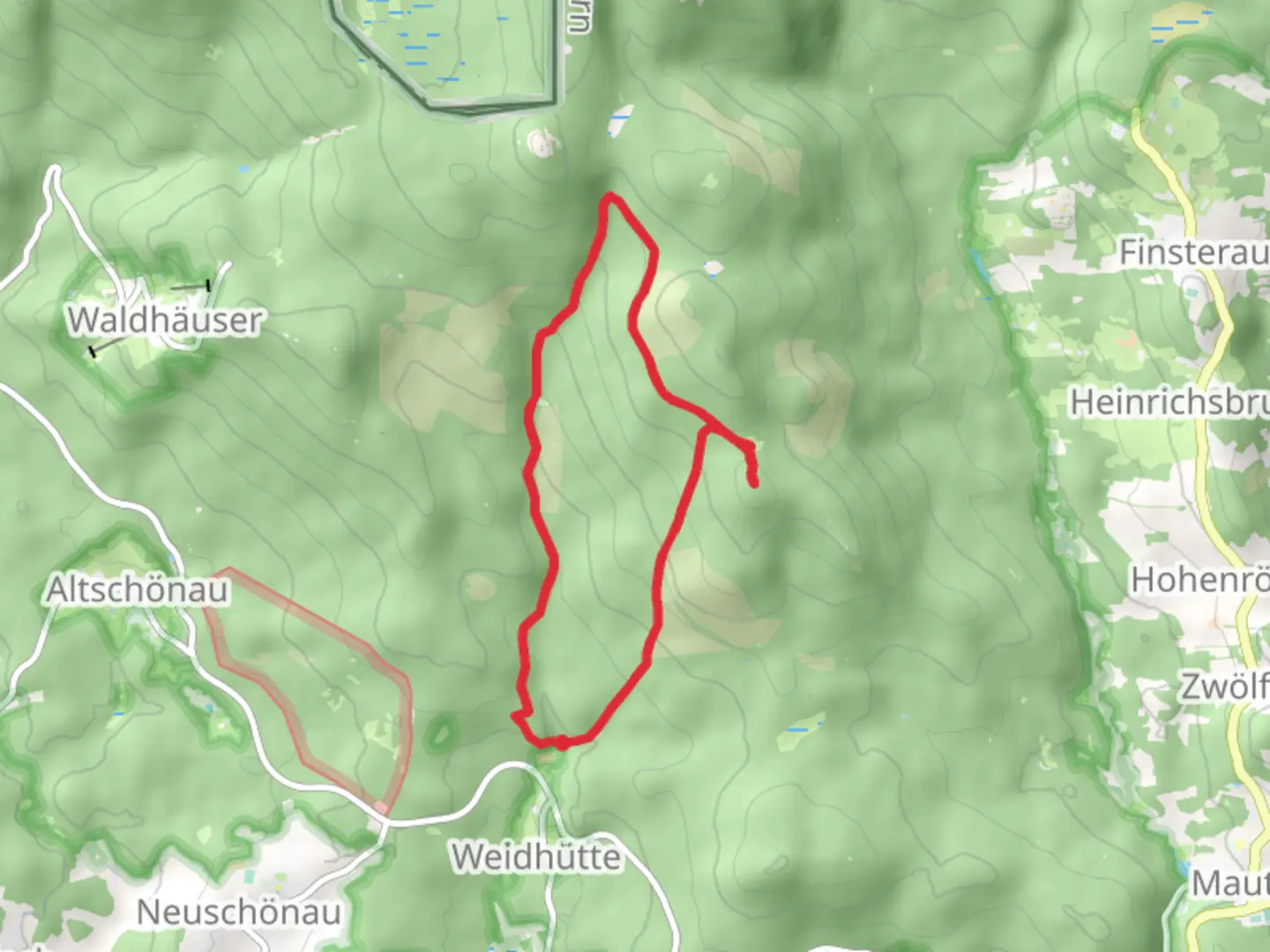 An image depicting the trail Hohlstein via Sagwasserstraße and Alte Tummelplatzstraße and its surrounding area.