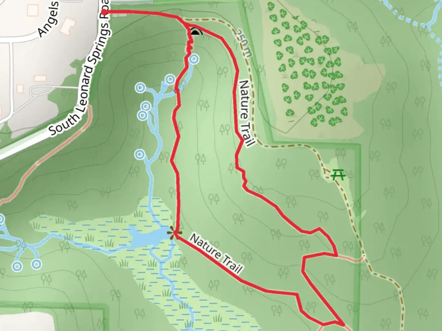 An image depicting the trail Nature Loop Trail from South Leonard Springs Road and its surrounding area.