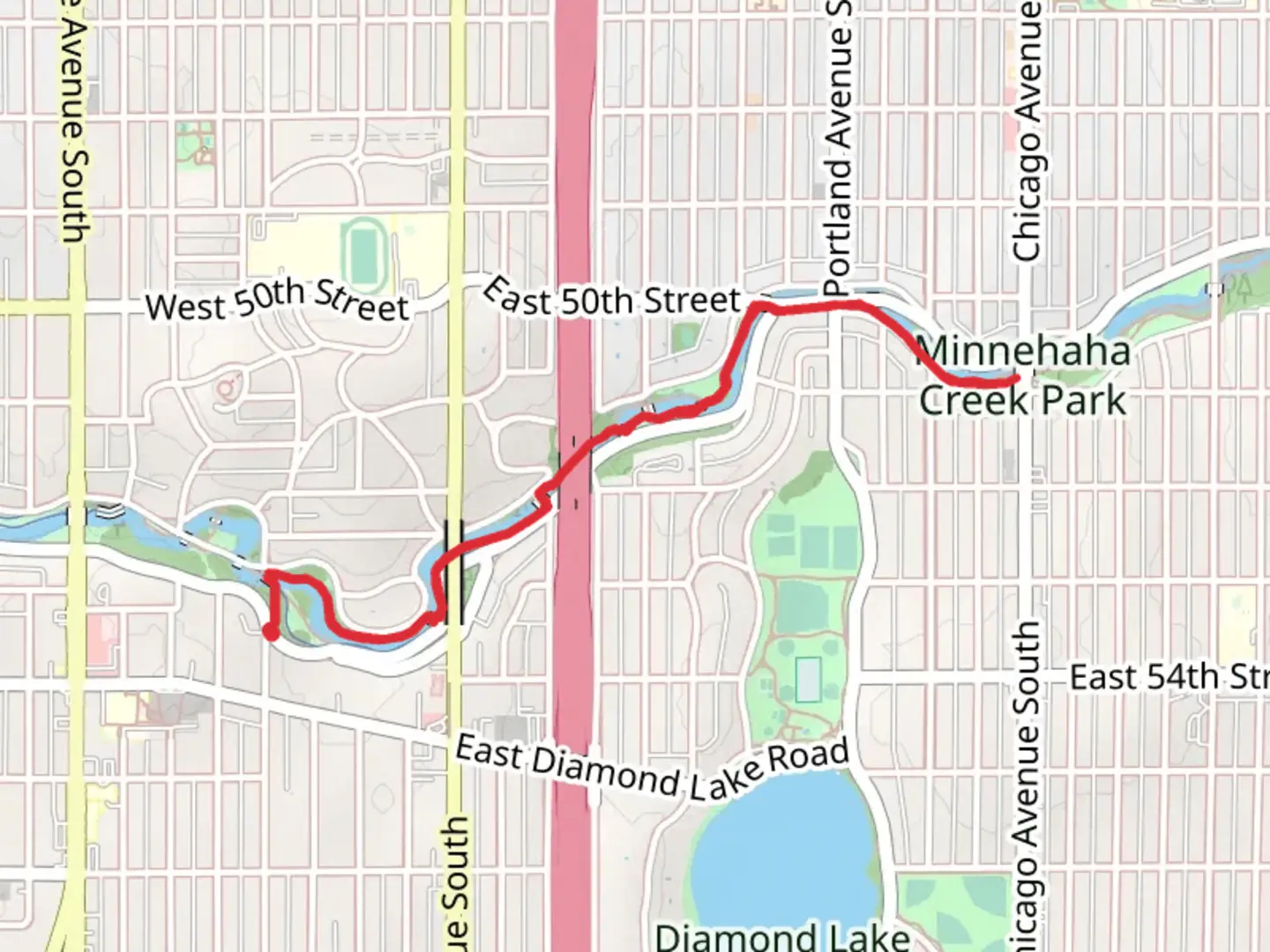 An image depicting the trail Minnehaha Creek Trail and its surrounding area.