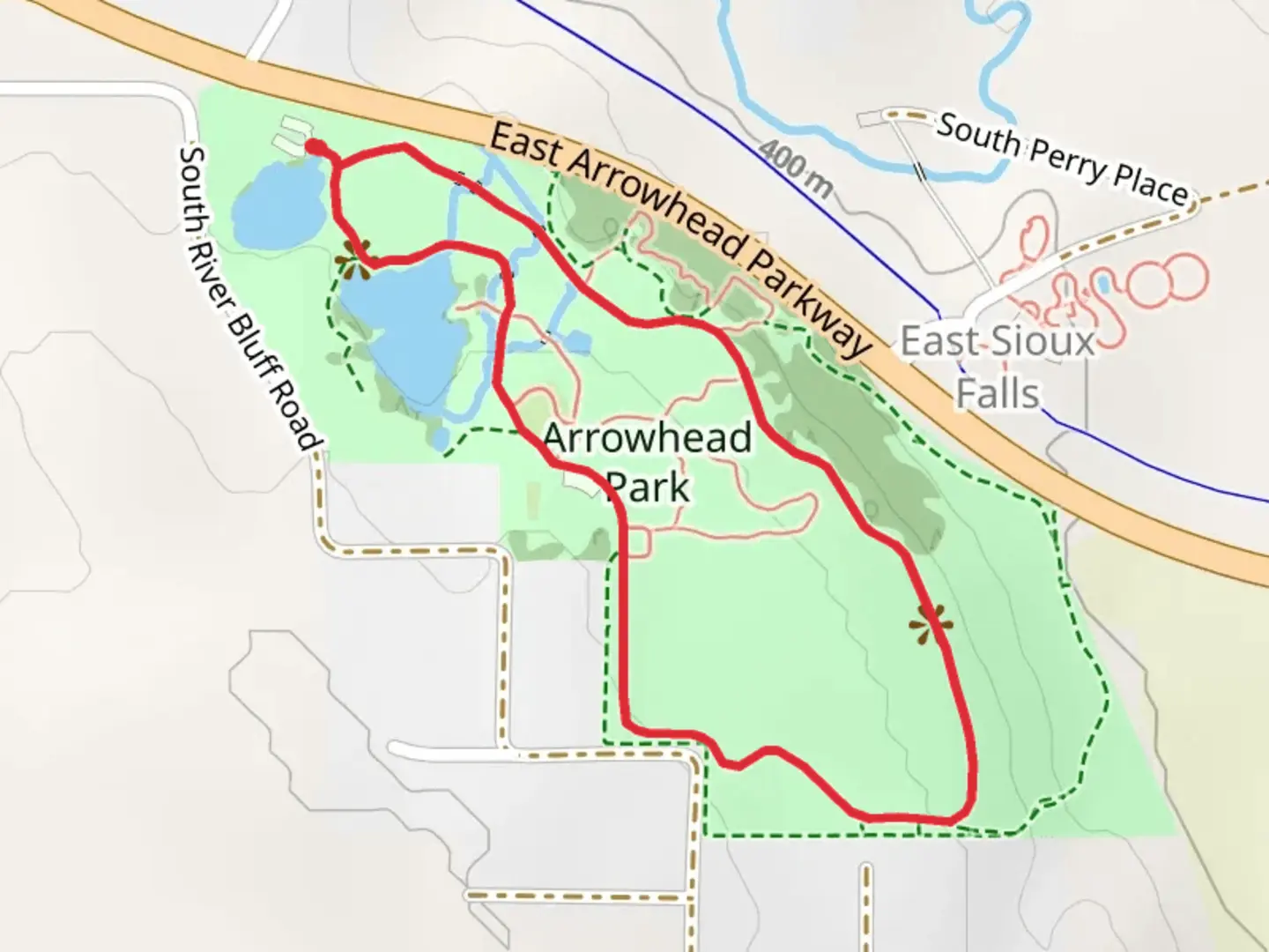 An image depicting the trail North Loop and South Loop Trail in Arrowhead Park and its surrounding area.
