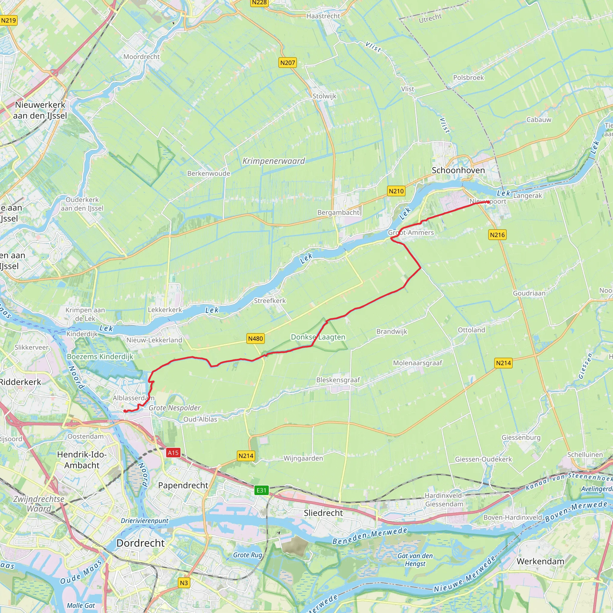 Alblasserdam to Langerak via Donkse Laagten mobile static map
