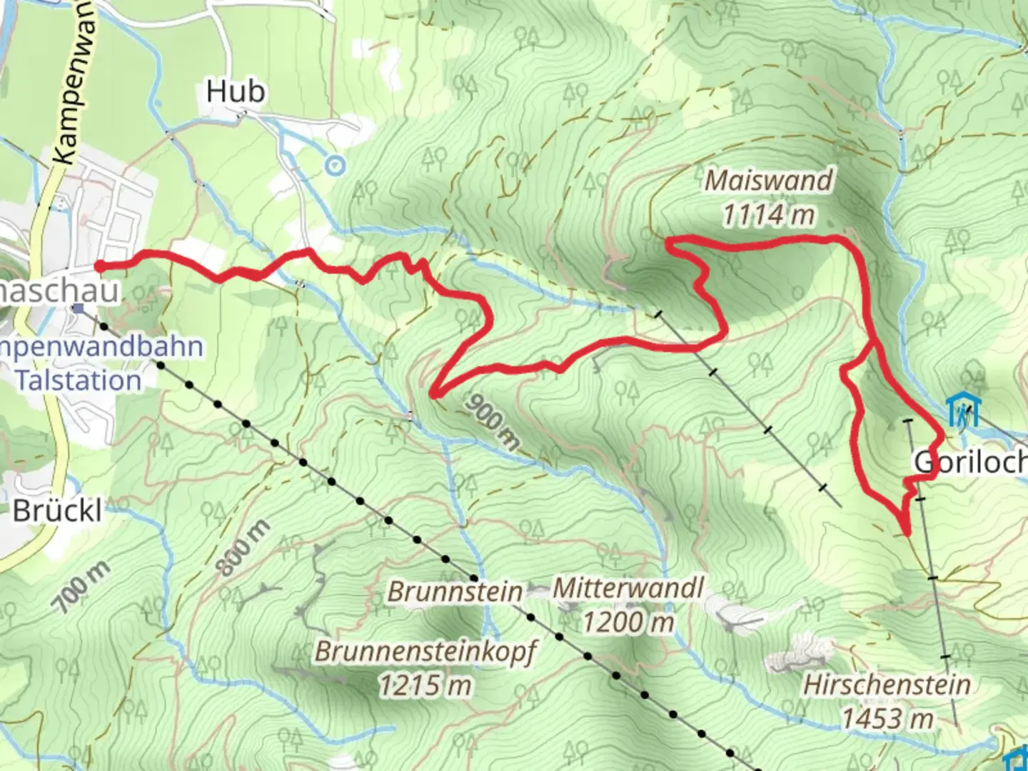 An image depicting the trail Goriloch Loop via Fuchslug and its surrounding area.