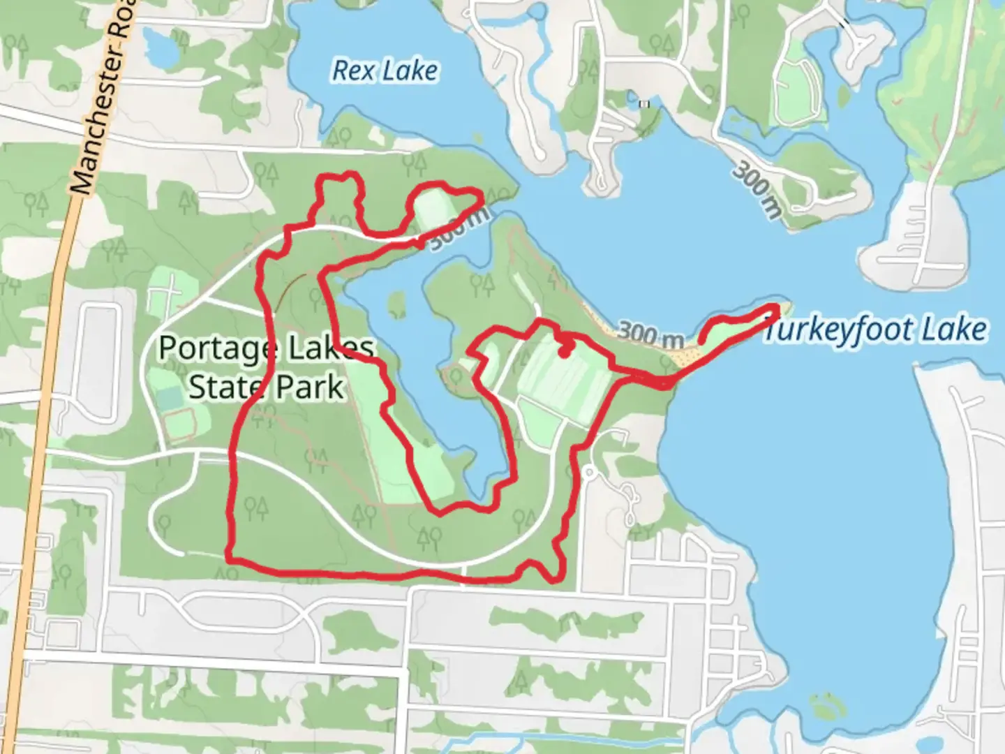 An image depicting the trail Latham Bay and Portage Lakes State Park Loop and its surrounding area.