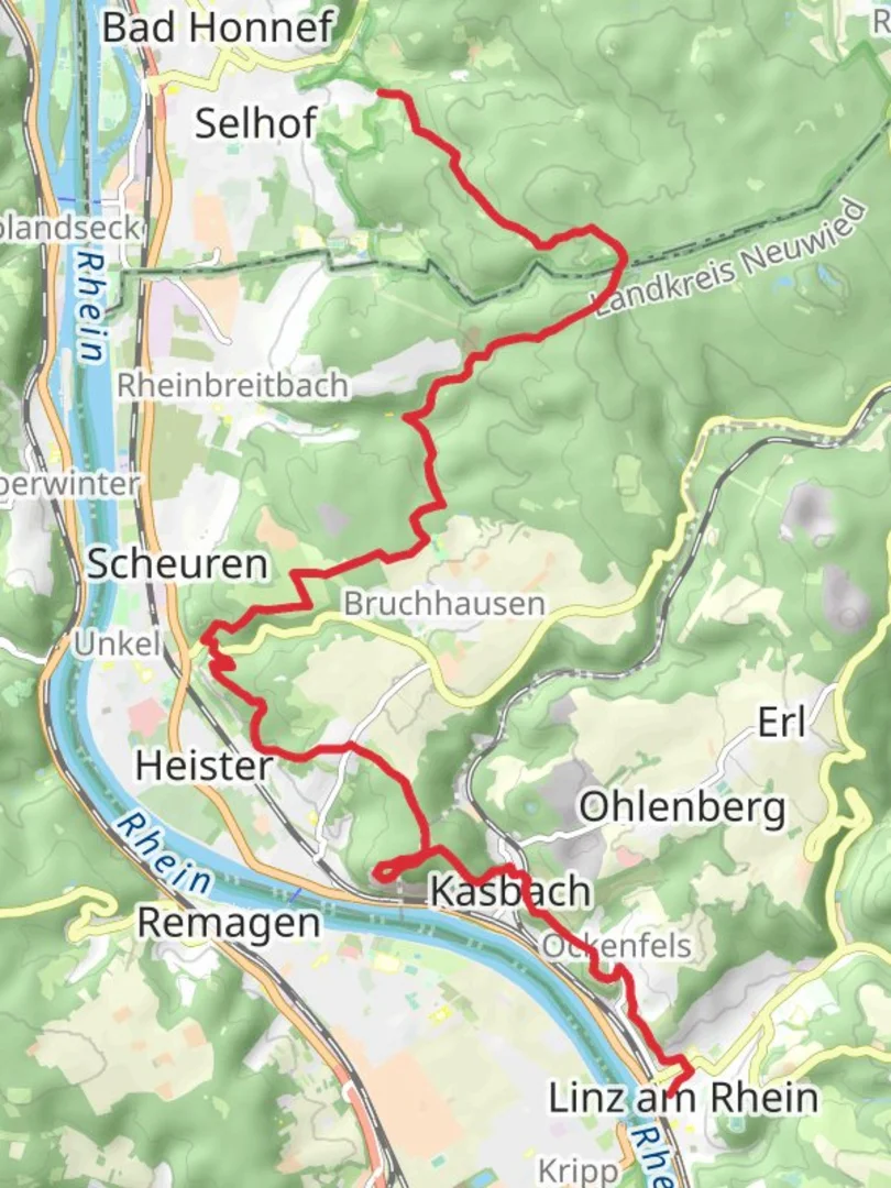 An image depicting the trail Bad Honnef to Linz Walk and its surrounding area.
