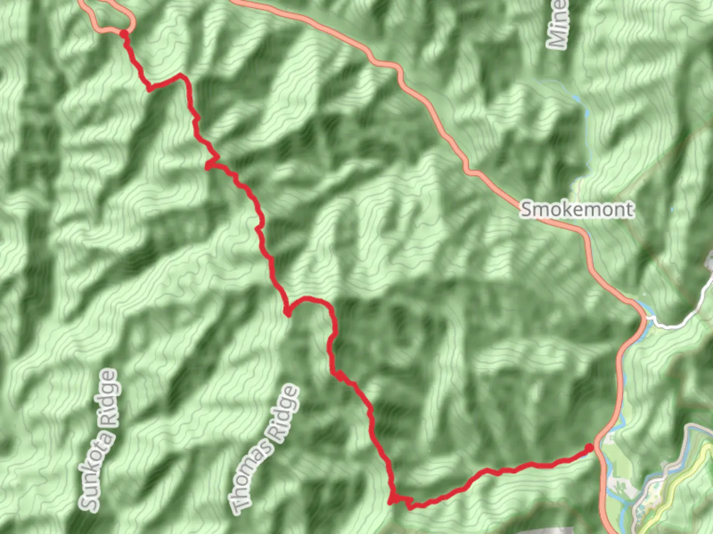 An image depicting the trail Thomas Divide, Nettle Creek Bald, Newton Bald and Mingus Creek Trail and its surrounding area.