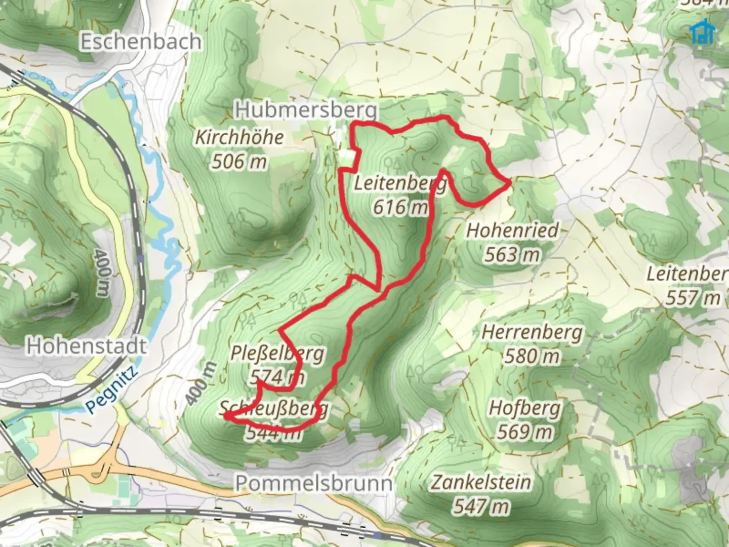 An image depicting the trail Steinbuehl via Hoehenrundweg and its surrounding area.
