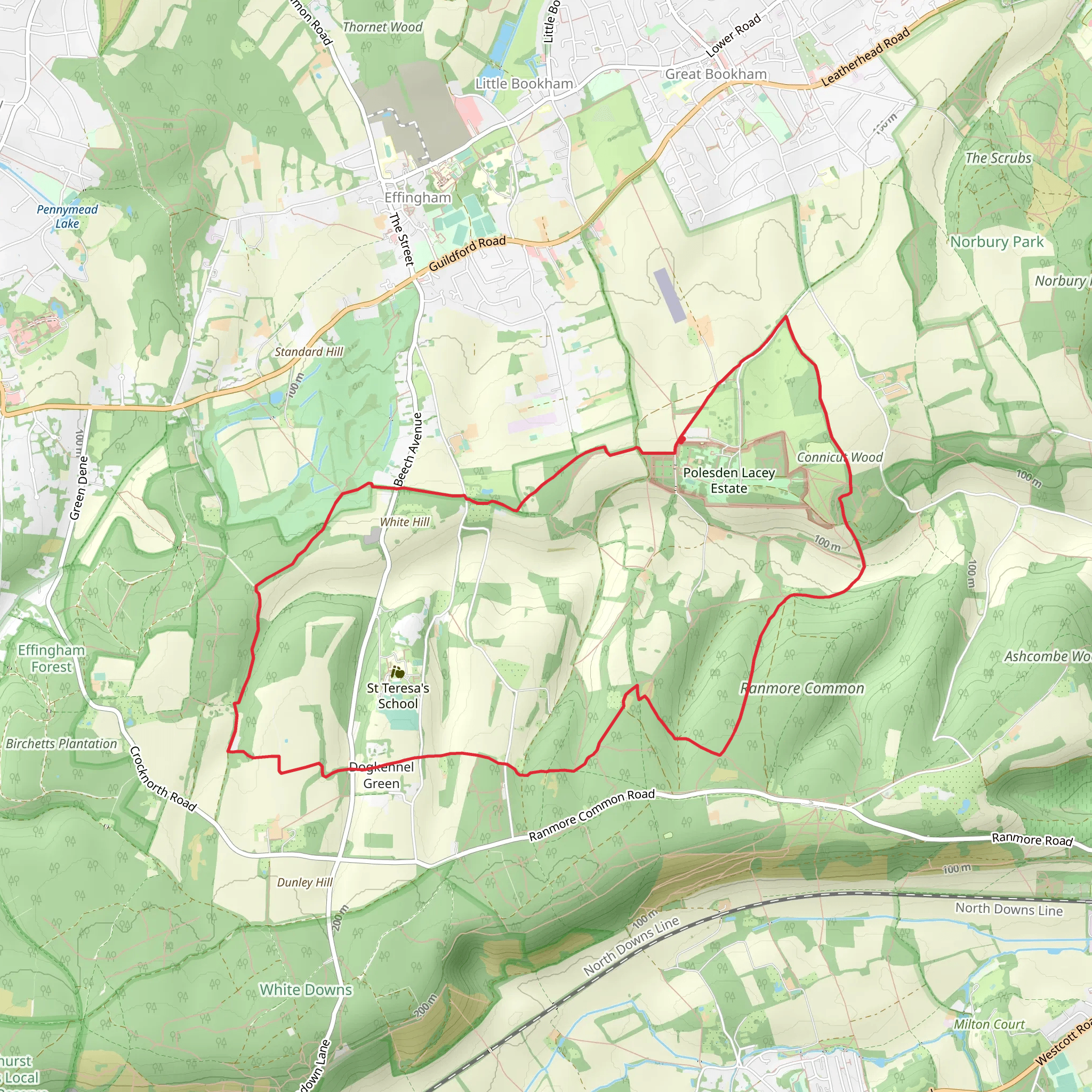 Dogkennel Green Loop via Polesden Lacey Estate Loop mobile static map