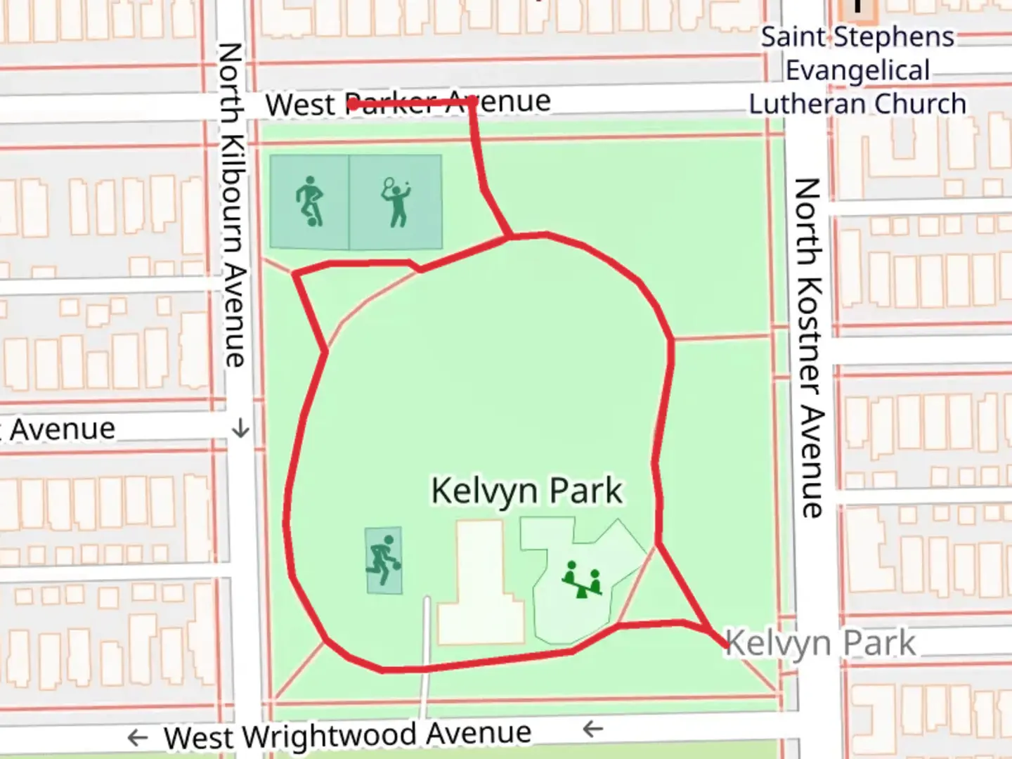 An image depicting the trail Kelvyn Park Loop and its surrounding area.