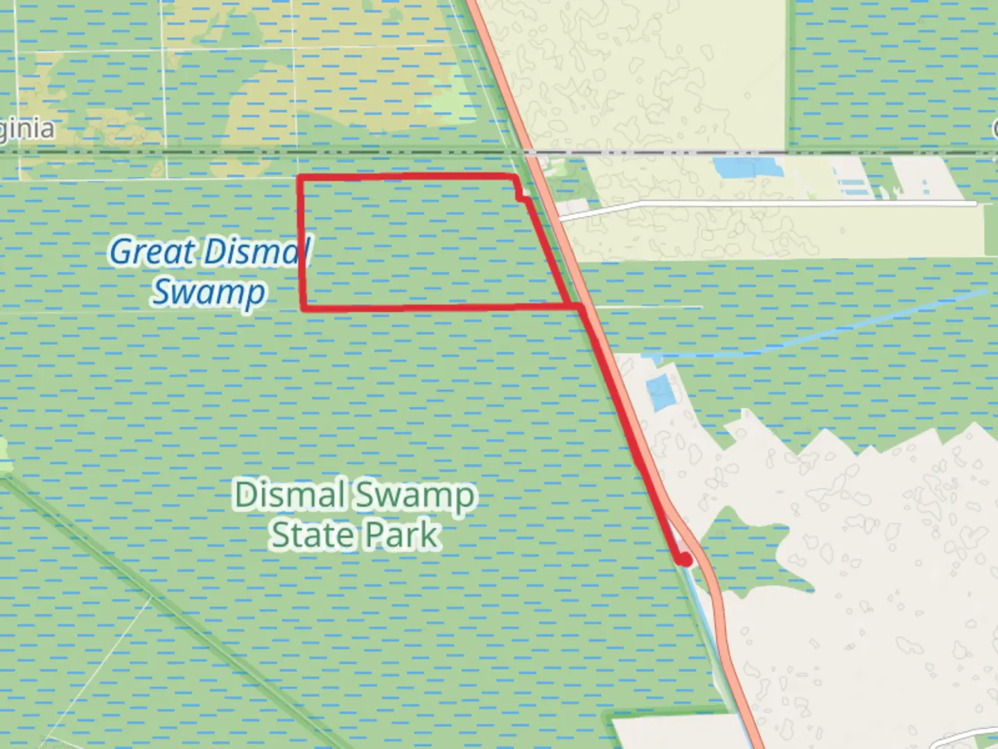 An image depicting the trail Corapeake, Laurel and Kim Saunders Ditch Loop and its surrounding area.