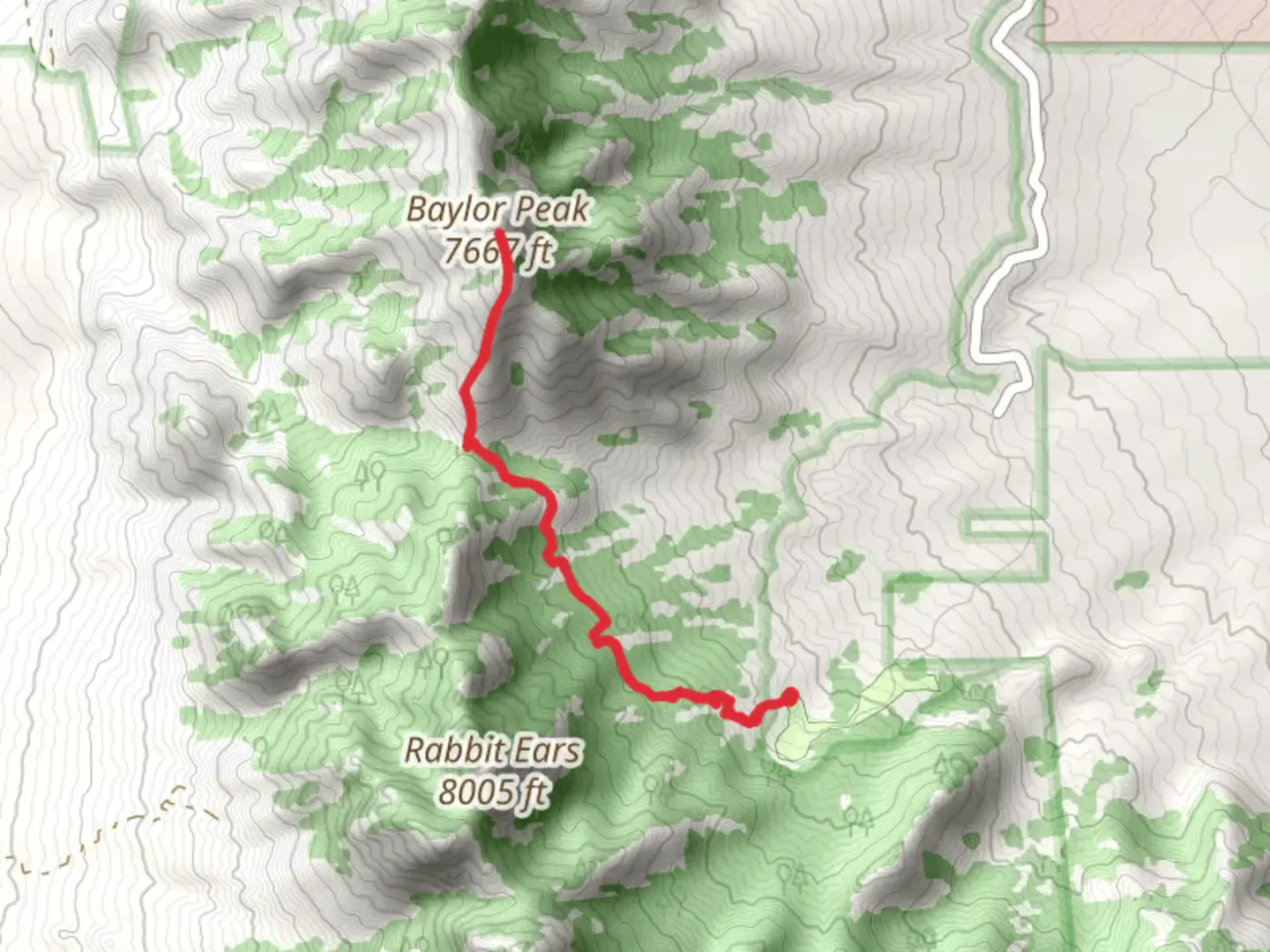 An image depicting the trail Baylor Peak via Baylor Canyon Pass and its surrounding area.