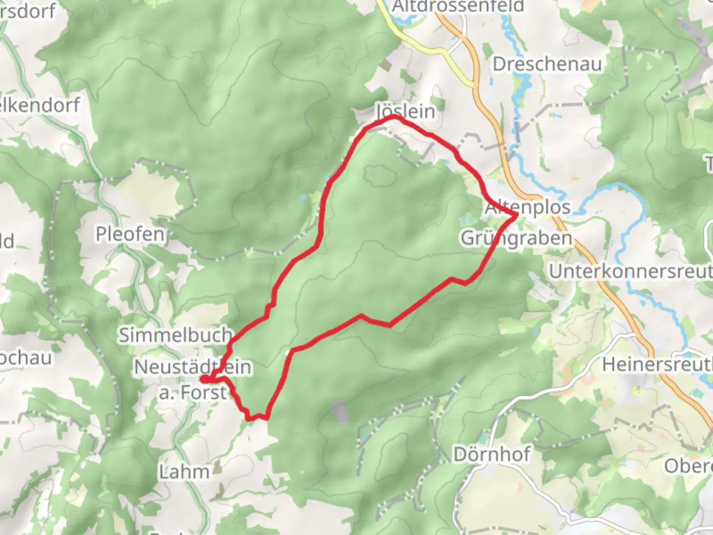 An image depicting the trail Altenplos and Neustädtlein am Forst Loop and its surrounding area.