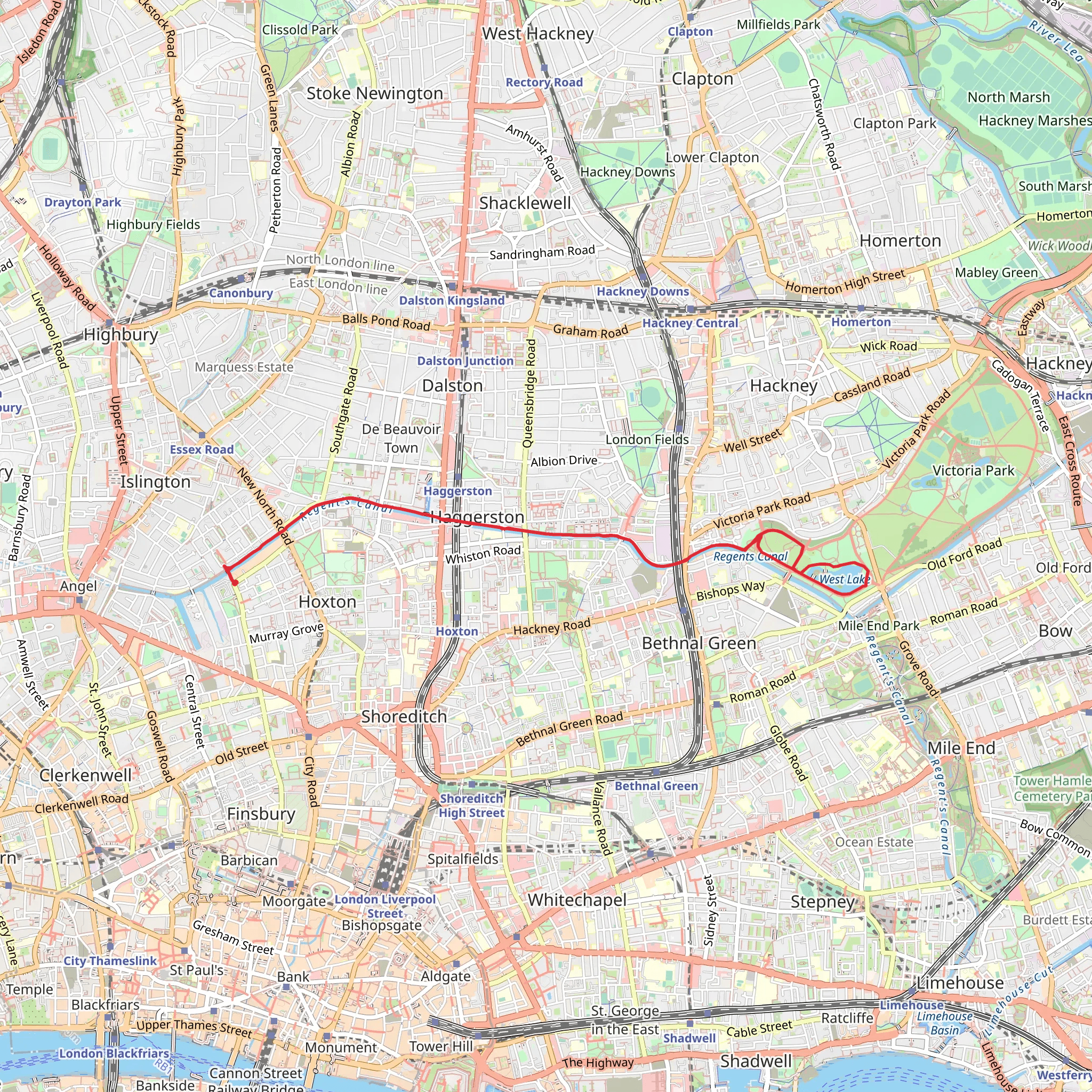 Rose Garden and West Lake via Regent's Canal Towpath mobile static map